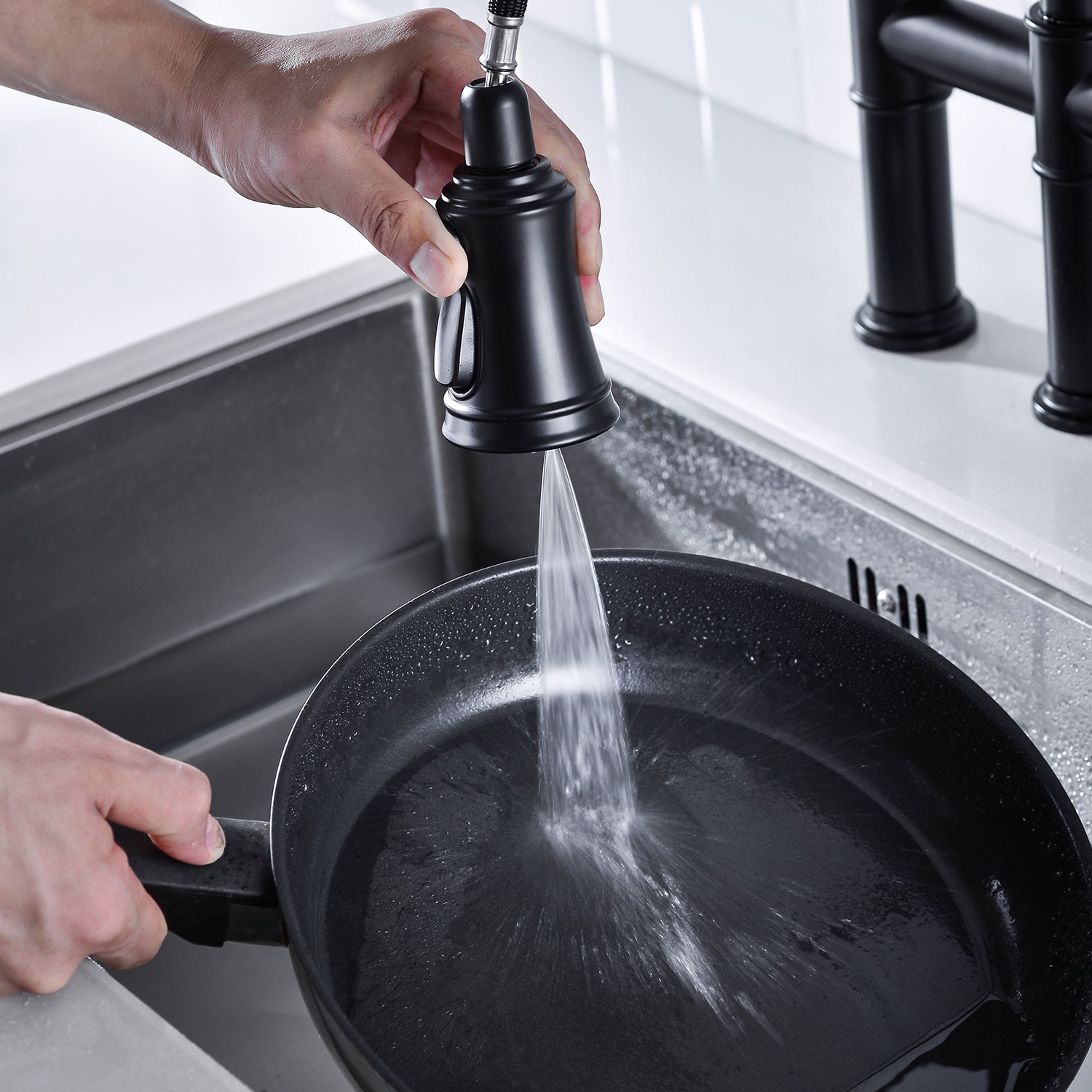 Bridge Kitchen Faucet with Pull-Down Sprayhead – Matte Black, Dual Handle, 360° Swivel, Solid Brass