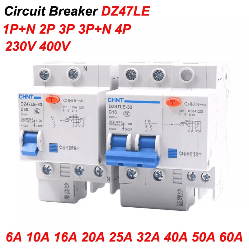 DZ47LE Earth leakage protection circuit breaker 1P+N/2P/3P/3P+N/4P 1 - 60A - HomeDIYer