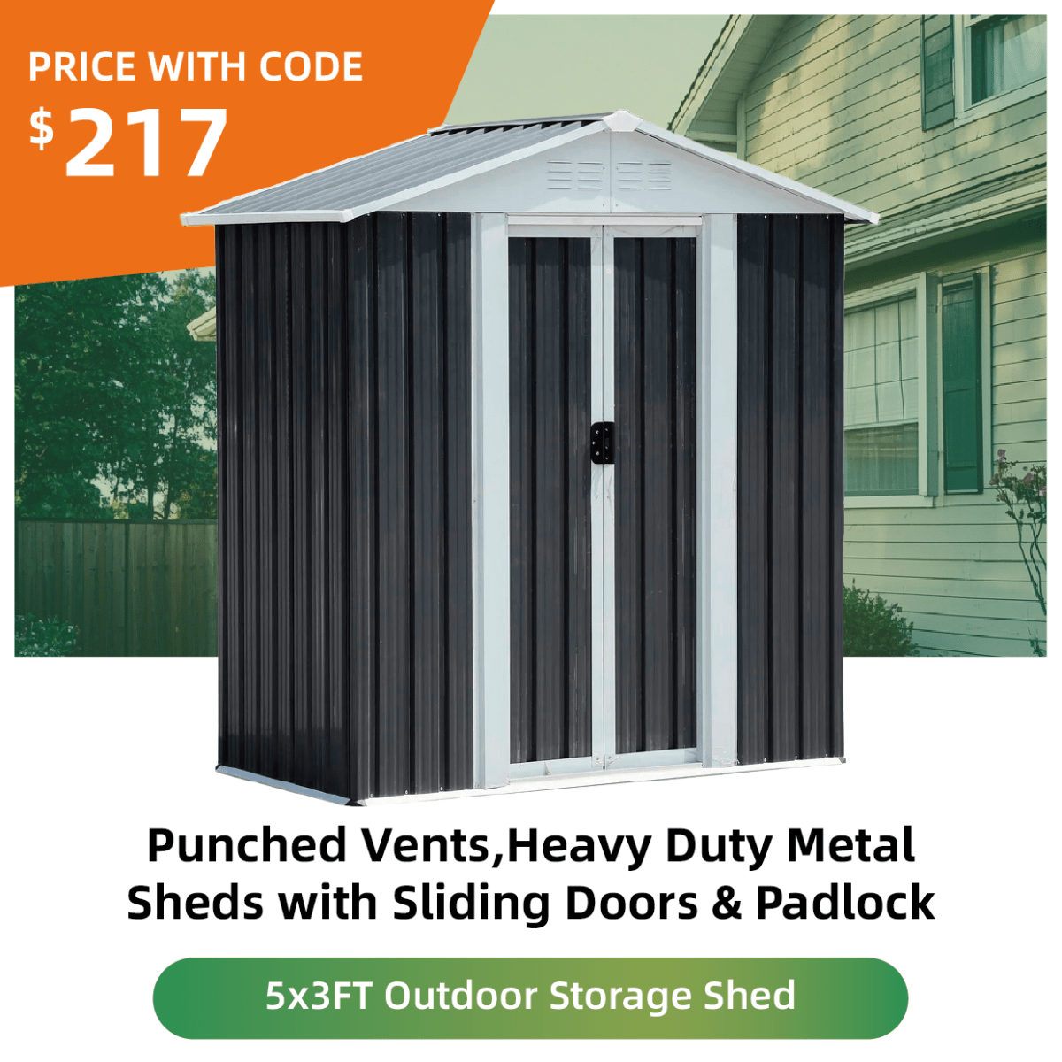 5x3FT Heavy Duty Outdoor Storage Shed with Sliding Doors - HomeDIYer