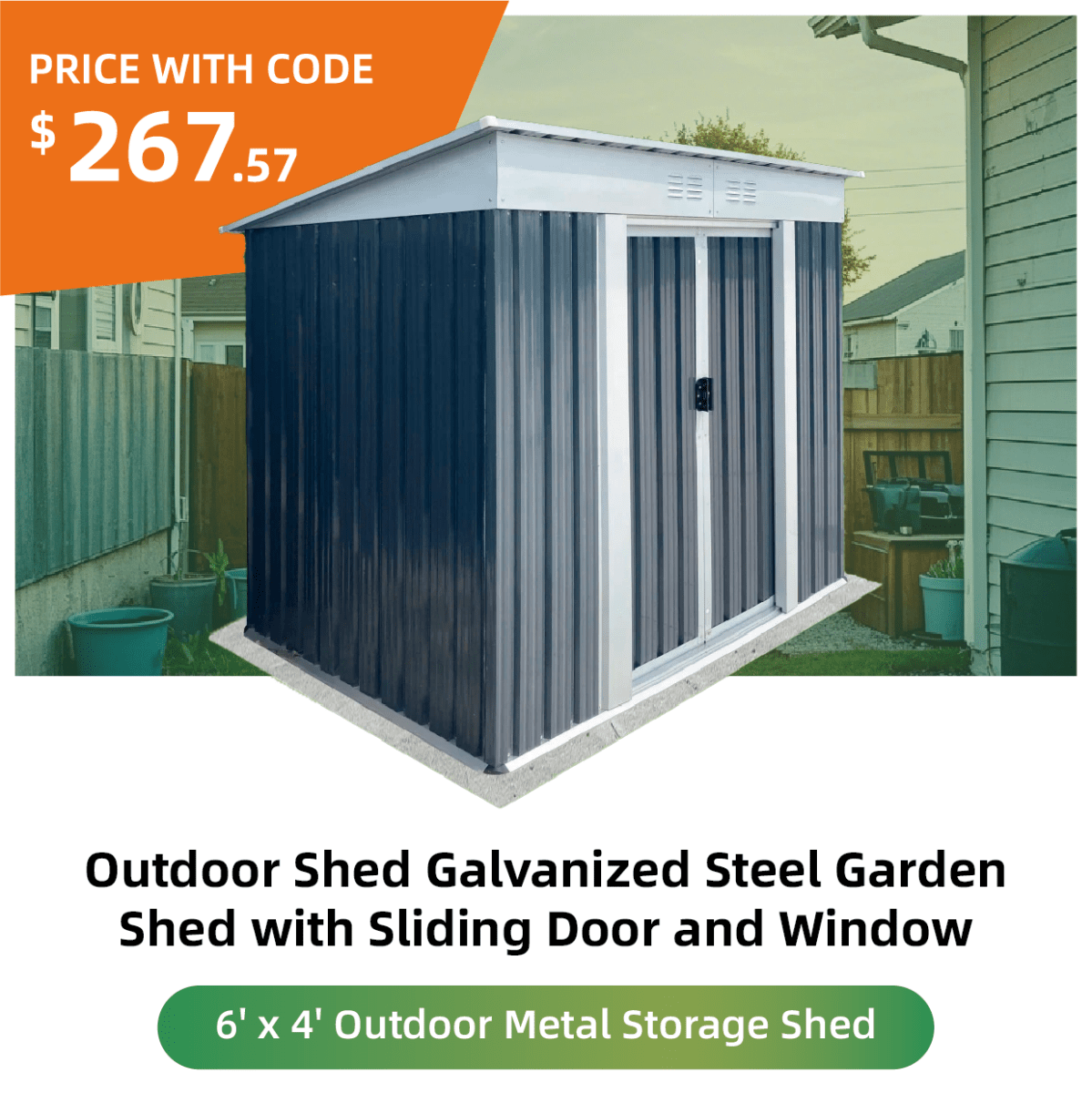 6x4FT Outdoor Metal Storage Shed | Galvanized Steel Garden Shed with Sliding Door - HomeDIYer