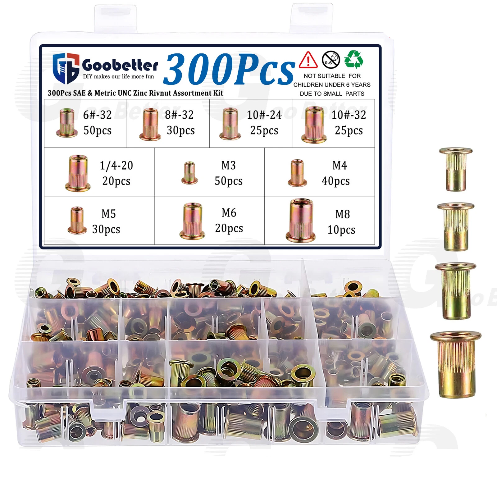 300-teiliges Nietmuttern-Set aus Zinkstahl, Nietmuttern-Sortiment, 150 Stück SAE + 150 Stück metrisch