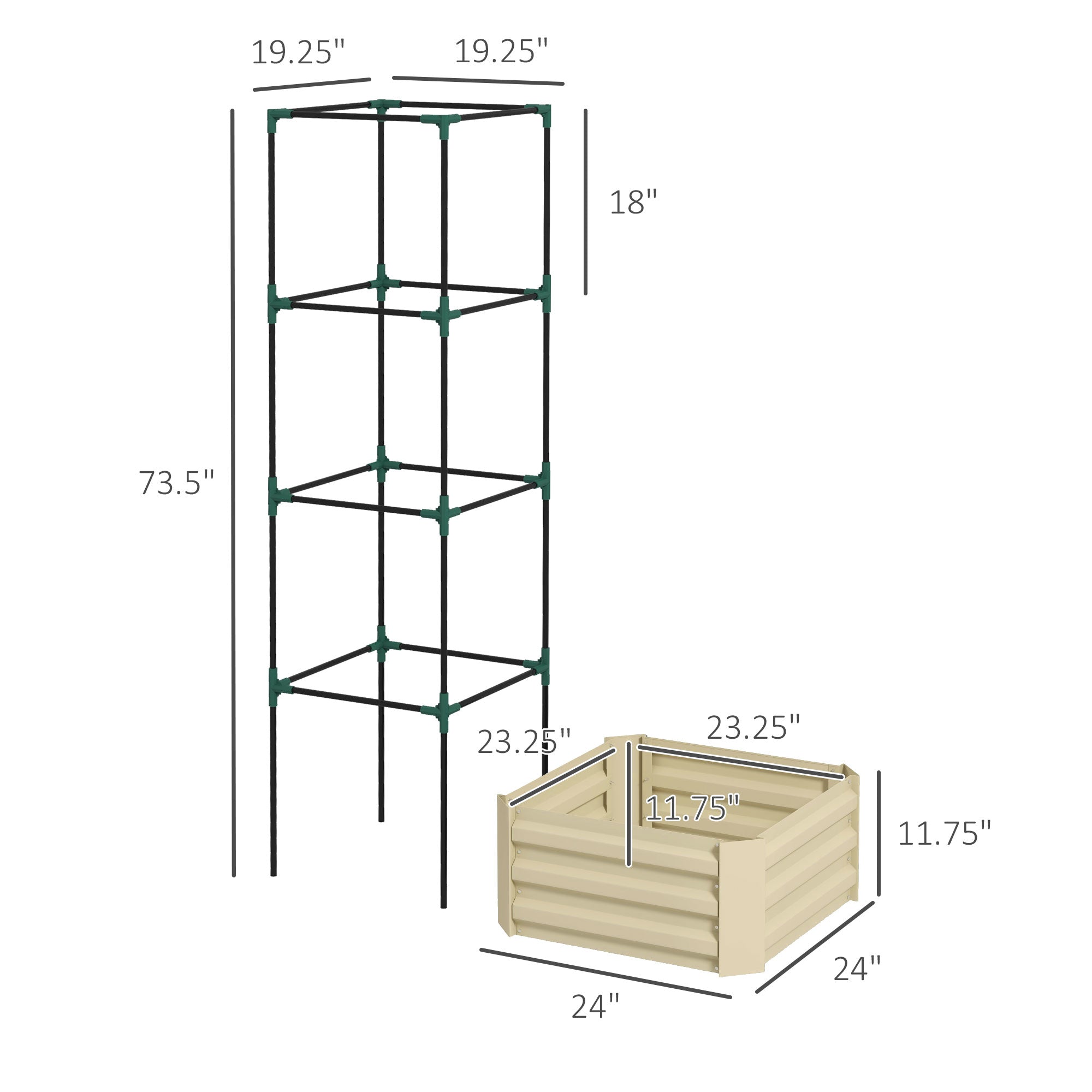 Outsunny Galvanized Raised Garden Bed, 24" x 24" x 11.75" Outdoor Planter Box with Trellis Tomato Cage and Open Bottom for Climbing Vines, Vegetables, Flowers in Backyard, Garden, Patio, Cream