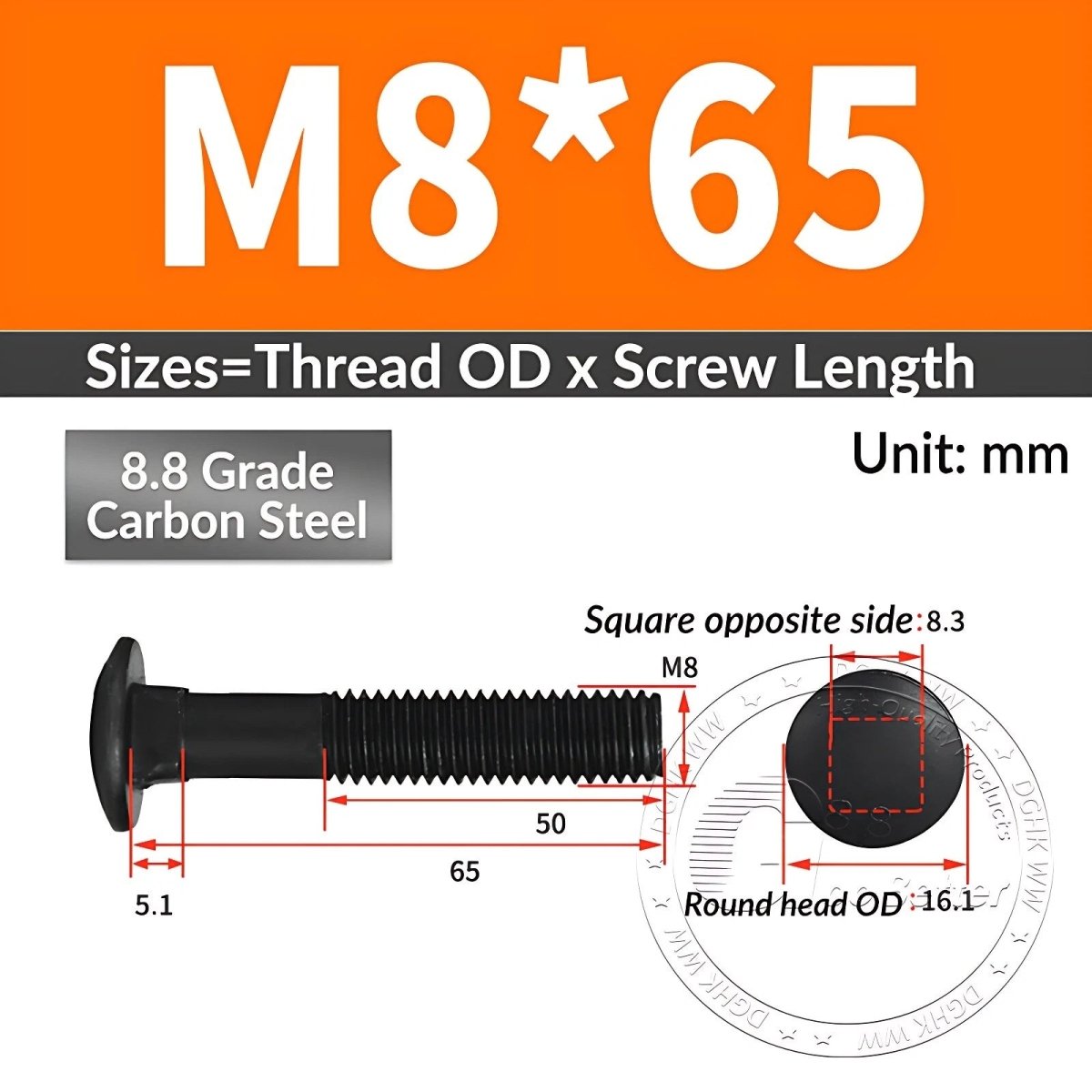 Black 8.8 Grade Steel Carriage Bolts | Cup Square Dome Head | M6–M24 - HomeDIYer