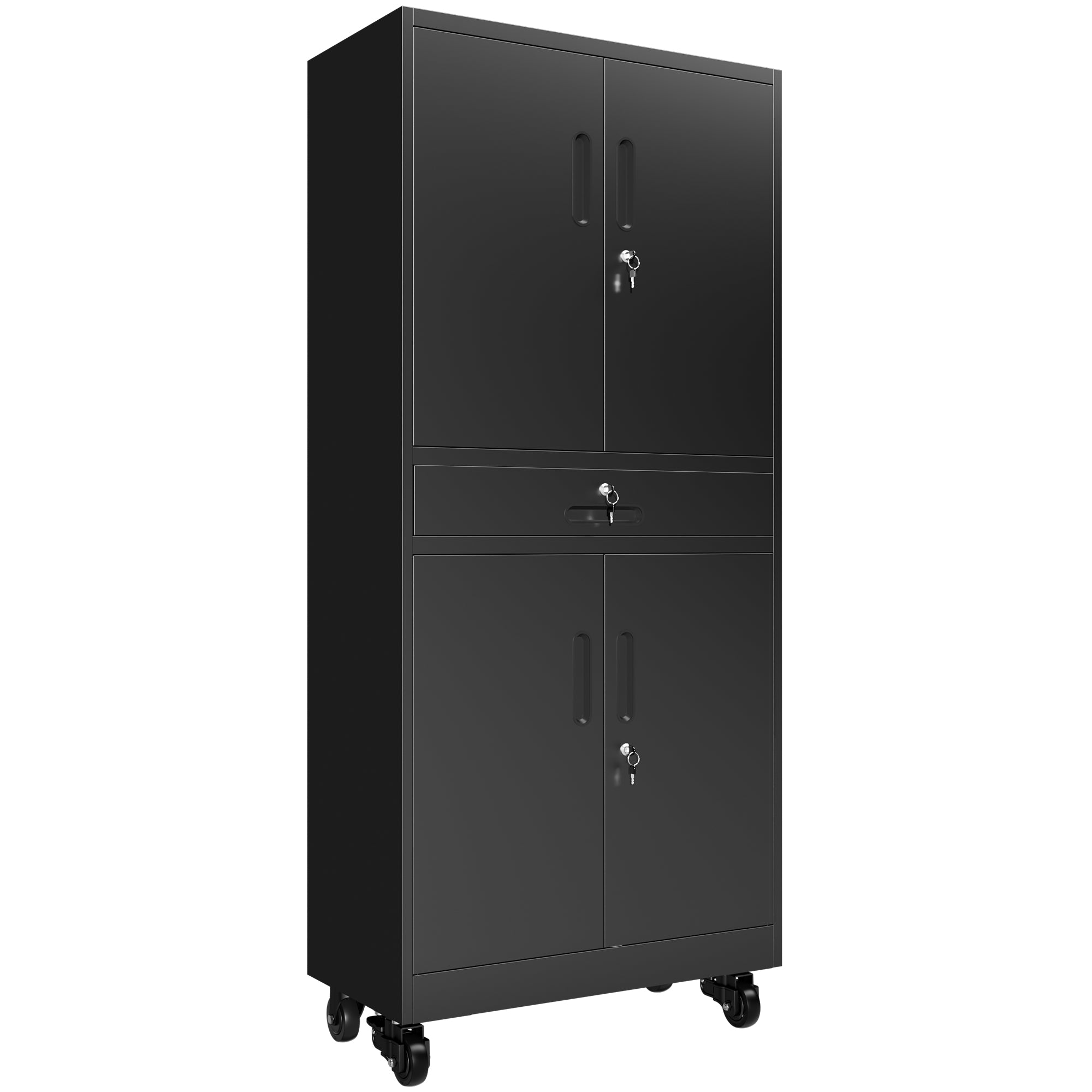 71" Metal Garage Storage Cabinet with Drawer, Pegboard Door, Locking Doors & Rolling Wheels, 720 lb Capacity