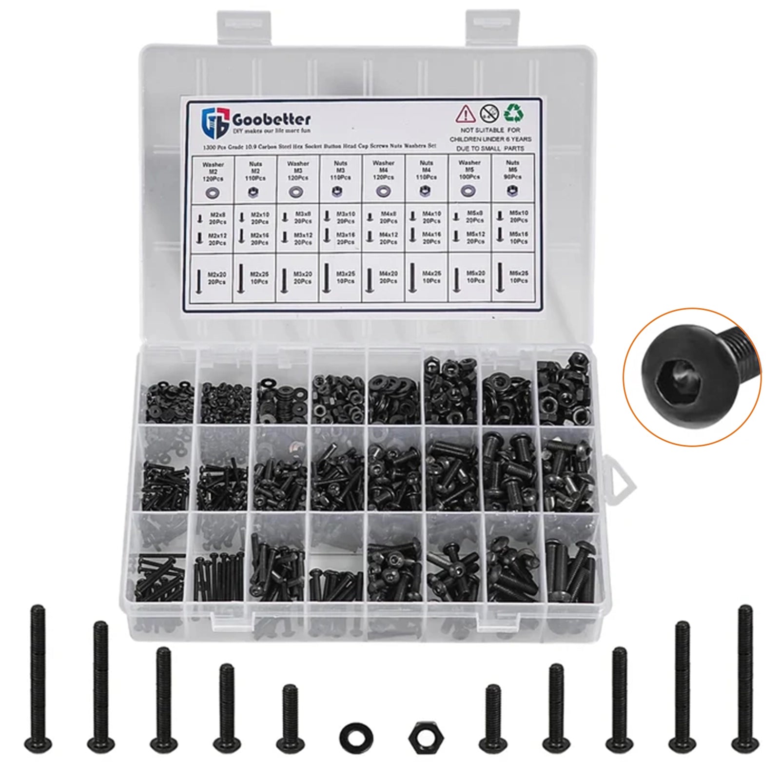 1300 Pes Grade 10.9 Carbon Steel Hex Socket Button Head Cap Screws Nuts Washers Set - HomeDIYer