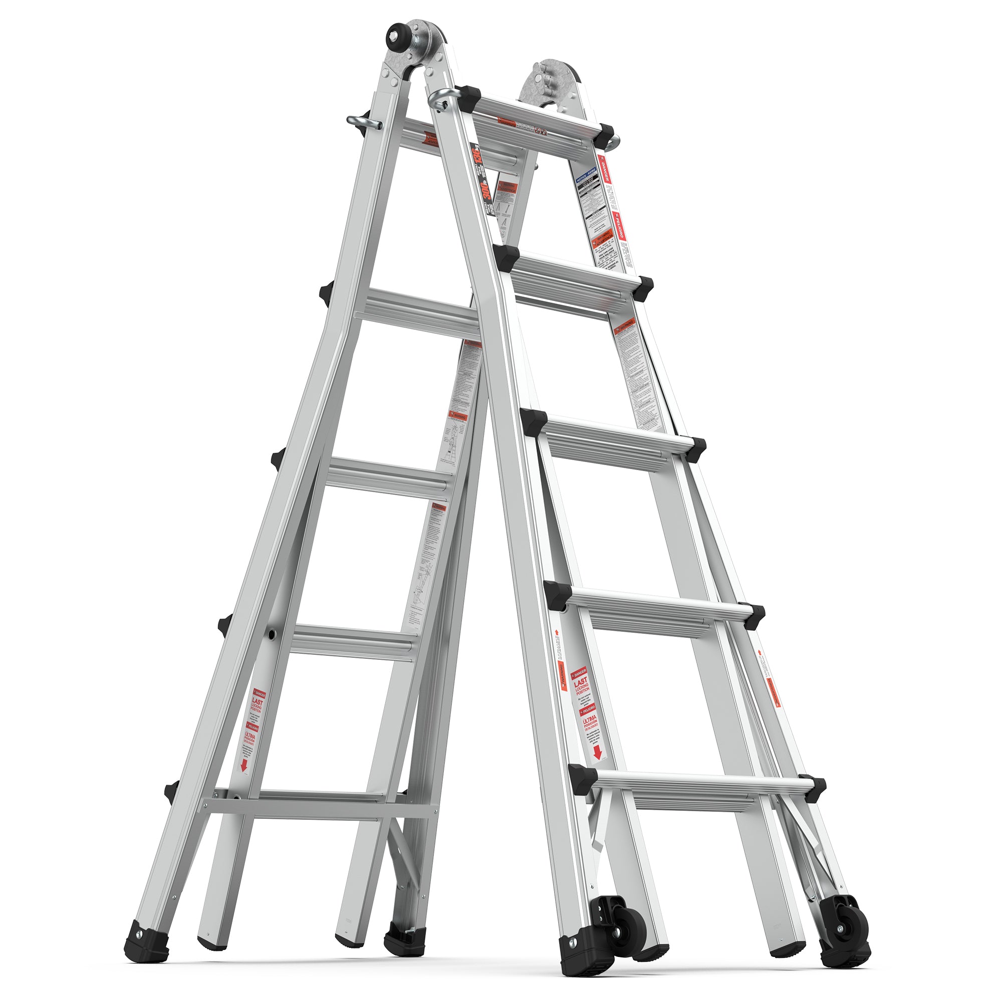22 FT Aluminum Multi‑Position Ladder with Wheels — 300 lb Capacity, A‑Frame, Extension & More, Metallic Grey