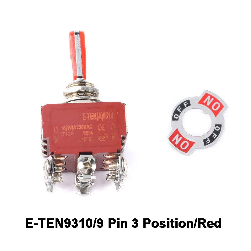 E-TEN Toggle Switch SPDT ON-ON 15A 250V — 2/3/4/6/9/12 Pin, 2/3 Position, Orange or Red