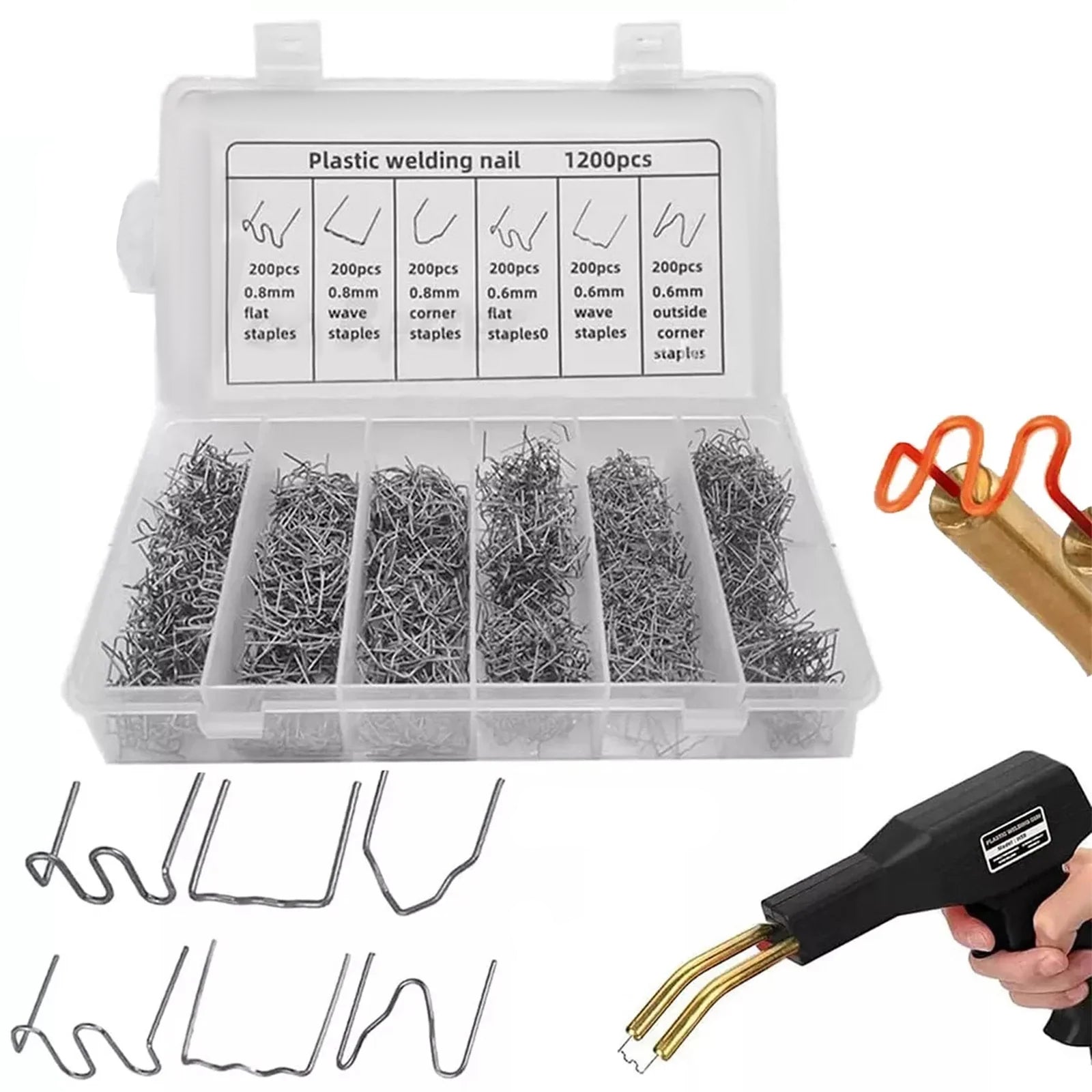 Universal 100 Pcs/Set Precut Hot Flat Staples For Plastic Stapler Repair Welder – 0.6mm & 0.8mm Stainless Steel, 8 Types Included