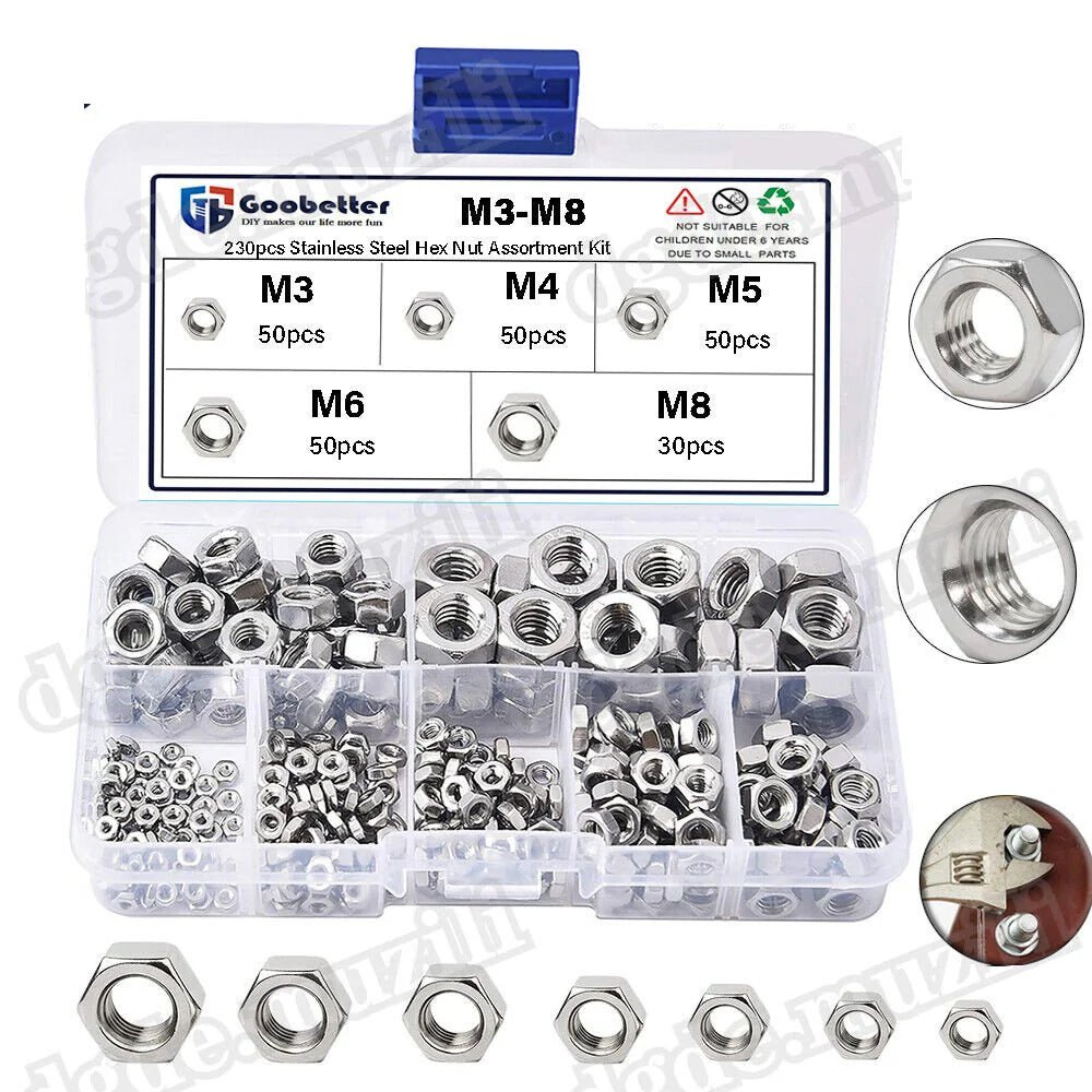 230 Pcs Hexagon Nuts Nuts Assortment Din 934 Stainless Steel Metric M3 M4 M5 - M8 - HomeDIYer