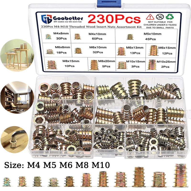 230x M4 - M10 Threaded Inserts Nuts Set Hex Drive Fixing Type D Wood Screw Inserts - HomeDIYer