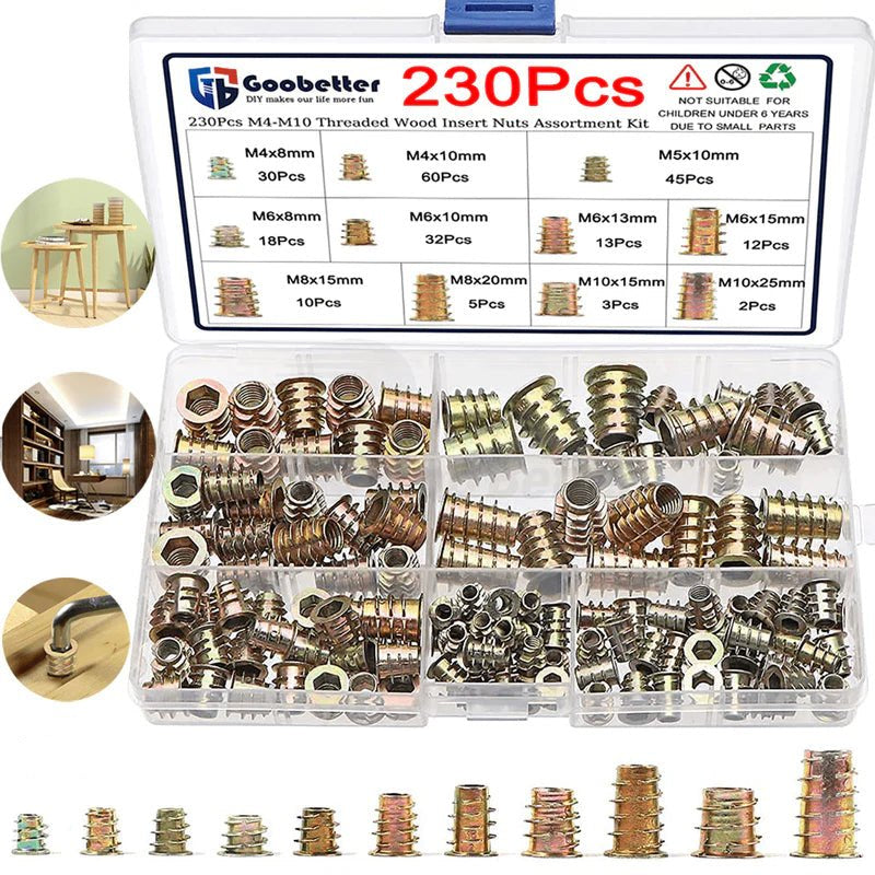 230x M4 - M10 Threaded Inserts Nuts Set Hex Drive Fixing Type D Wood Screw Inserts - HomeDIYer