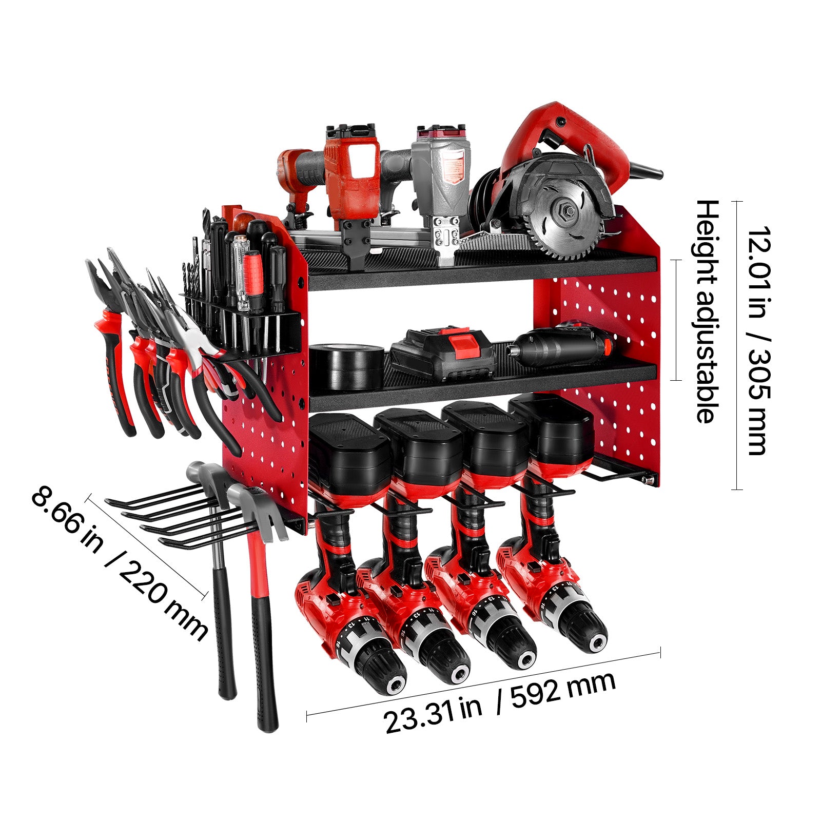 Wall Mount Power Tool Organizer, 3-Tier Rack with 4 Drill Holders & Side Pegboards, 100 lb Capacity, Q235 Steel, Red