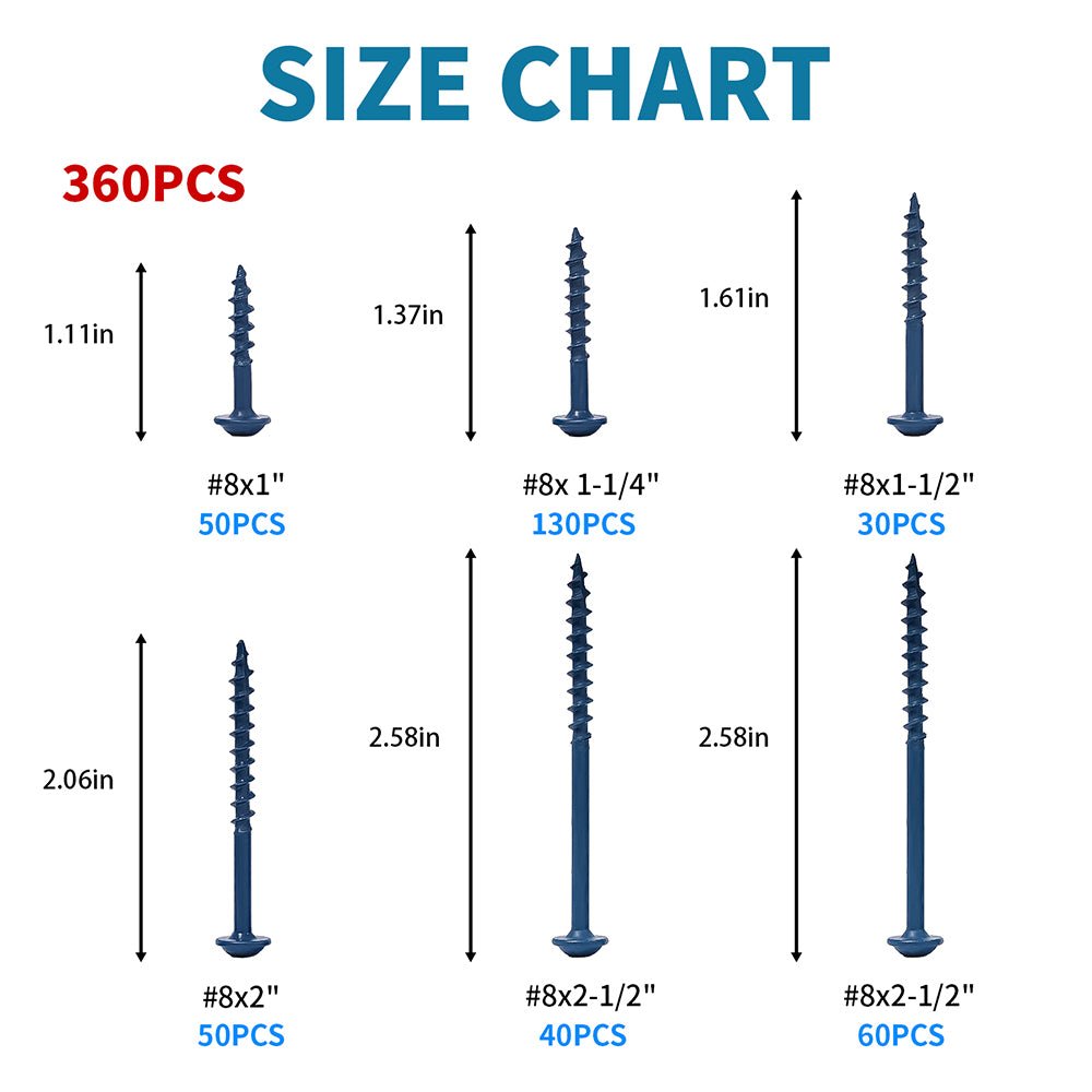 360 Pcs Blue Square Drive Self Tapping Coarse Thread Wood Screws Assortment Set - HomeDIYer