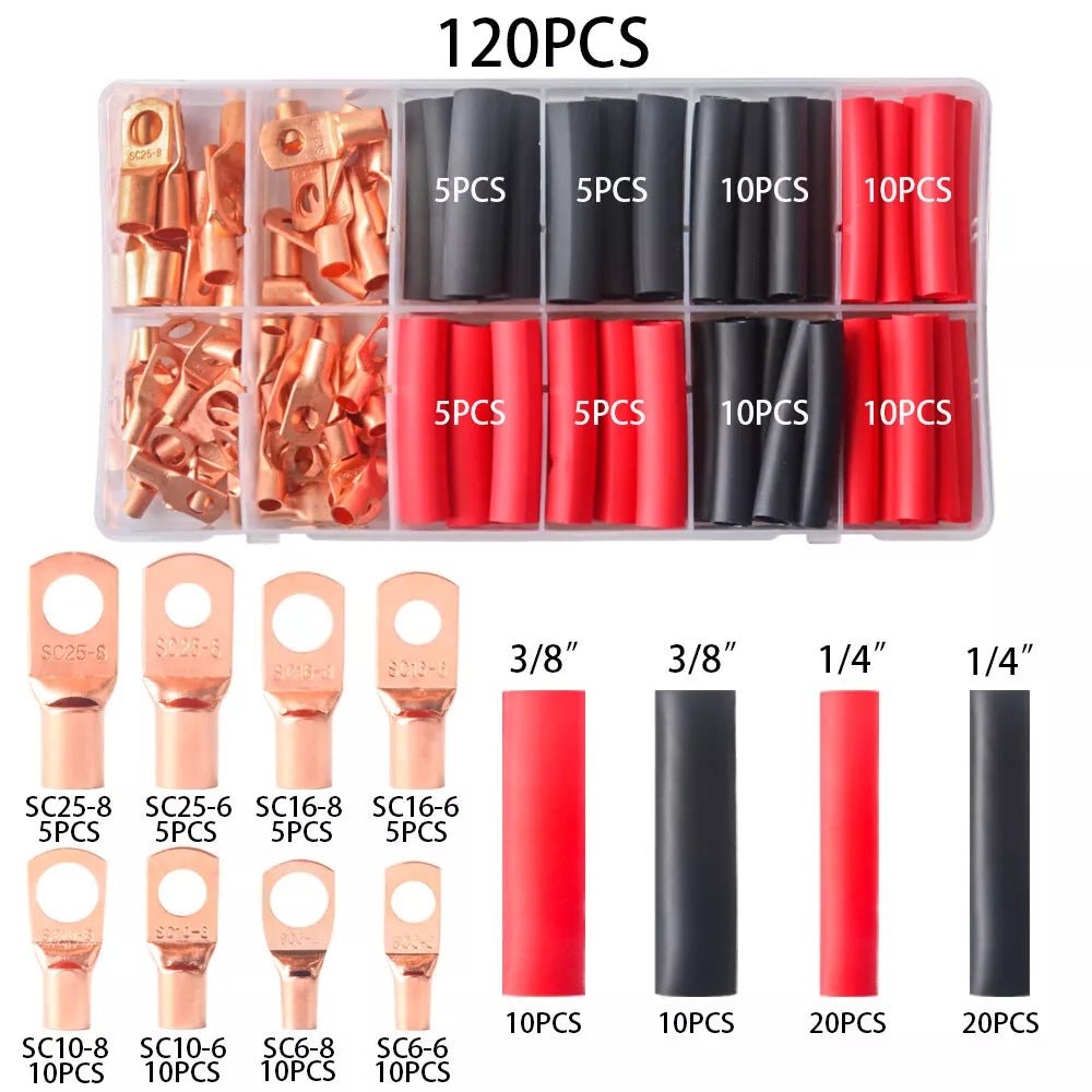 120Pcs Copper Wire Lugs with Heat Shrink Set, Battery Cable Lugs Battery Cable Ends Ring Terminals Connectors - HomeDIYer