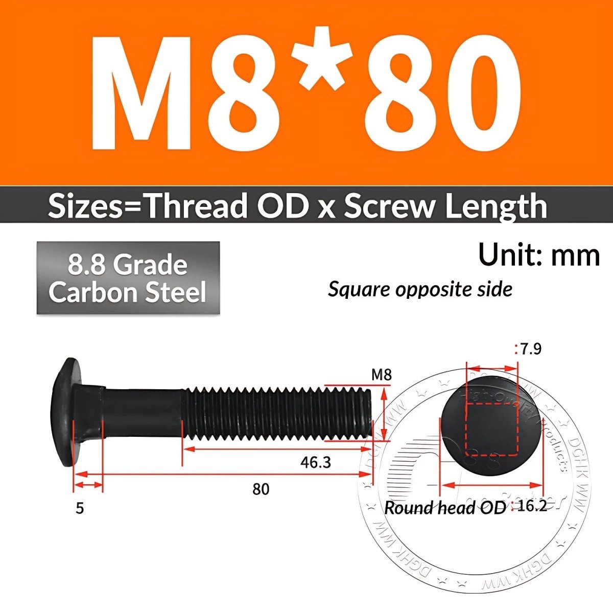 Black 8.8 Grade Steel Carriage Bolts | Cup Square Dome Head | M6–M24 - HomeDIYer
