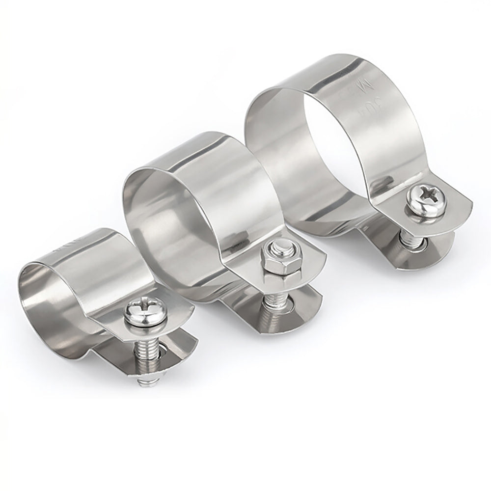 Comparison of three different sizes of 304 stainless steel U-bolt hose clamps. Suitable for securing pipes from 10mm to 115mm, including water, electrical, and gas pipes. | HomeDIYer