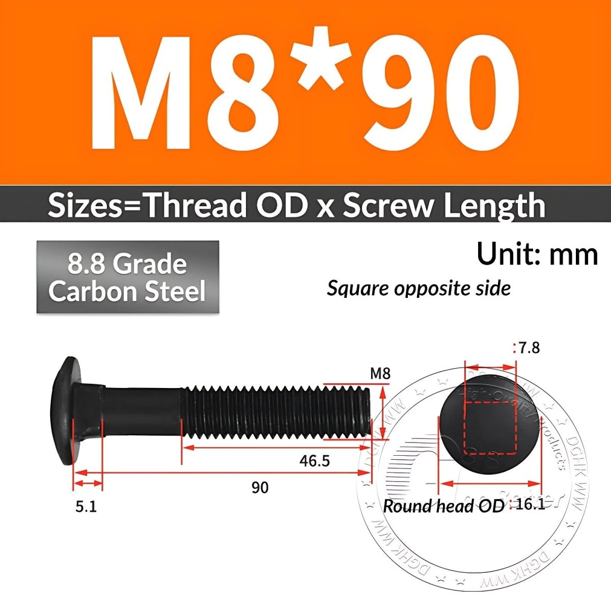 Black 8.8 Grade Steel Carriage Bolts | Cup Square Dome Head | M6–M24 - HomeDIYer