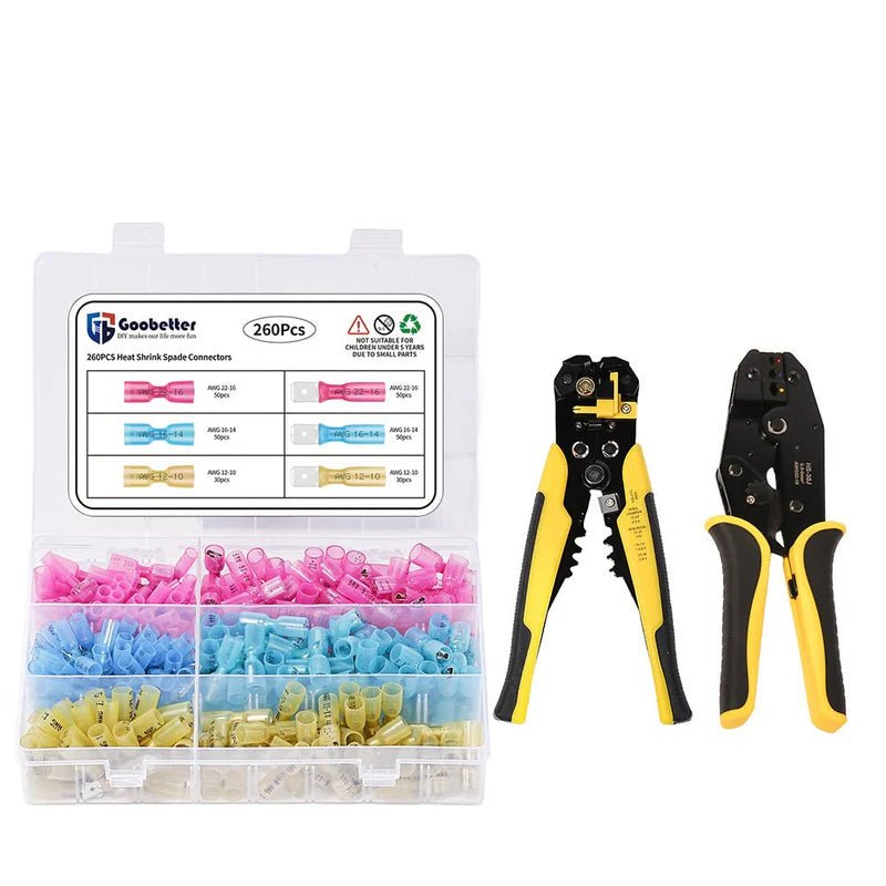 260PCS Heat Shrink Spade Connectors,16 - 14 22 - 16 12 - 10 Gauge Crimp Insulated+Crimping Tool+Self - Adjusting Wire Stripper (3 Colors) - HomeDIYer
