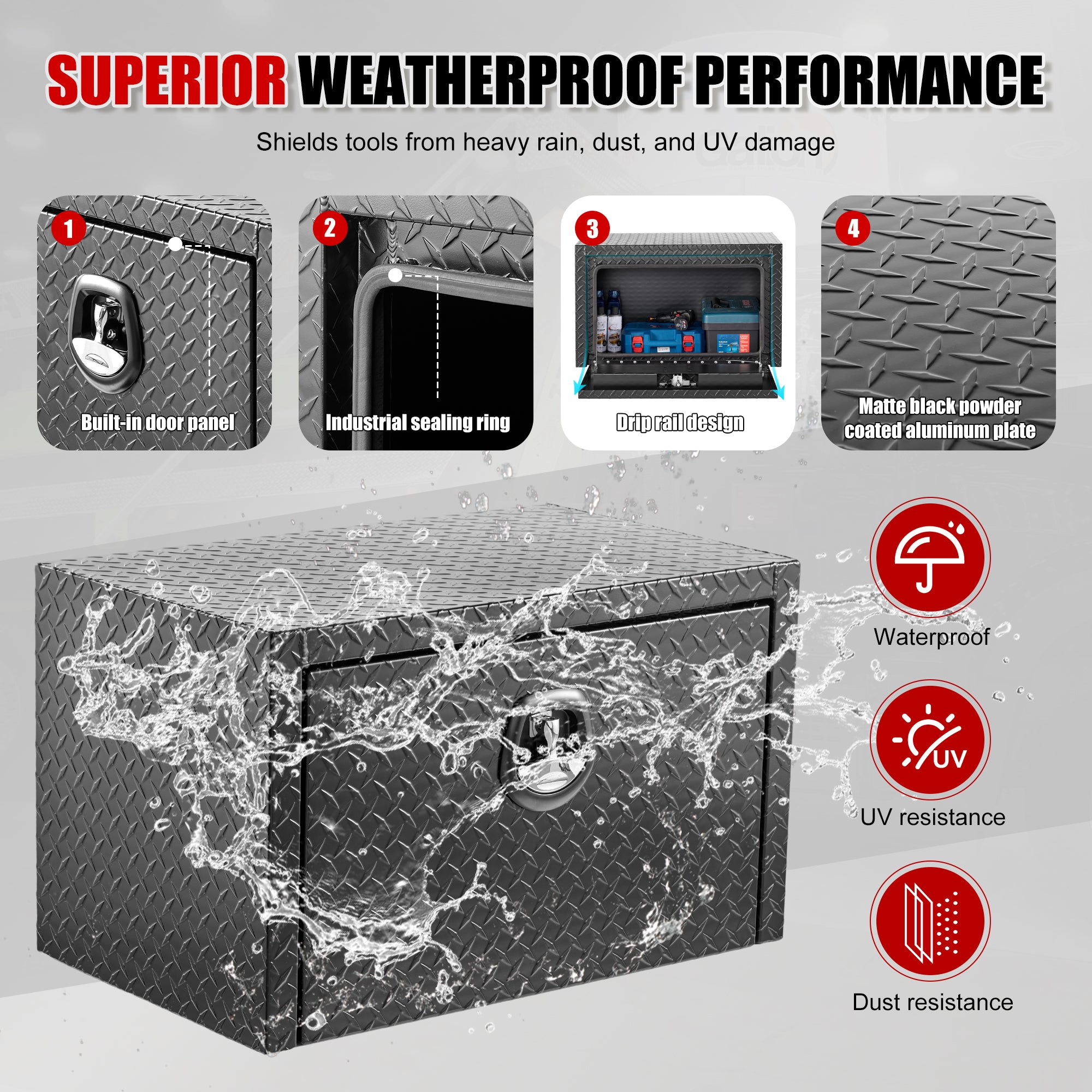30" Aluminum Underbody Truck Tool Box — Matte Black Diamond Plate, Waterproof & Lockable