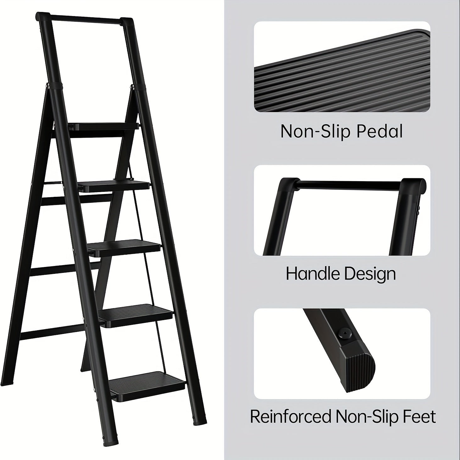 5‑Step Folding Steel Ladder — 600 lb Capacity, Anti‑Slip Wide Pedals, Black, Ideal for Home & Office