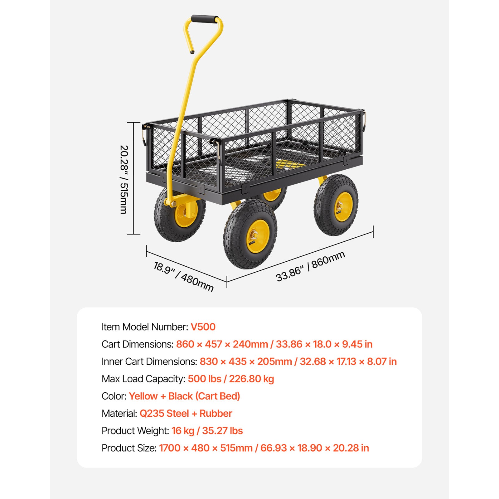 500 Lbs Steel Garden Cart, Heavy Duty Pullable Cart with Wheels for Garden, Metal Yard Utility Wagon with 10" All Terrain Tires, Removable Mesh Sides and 180° Rotating Handle
