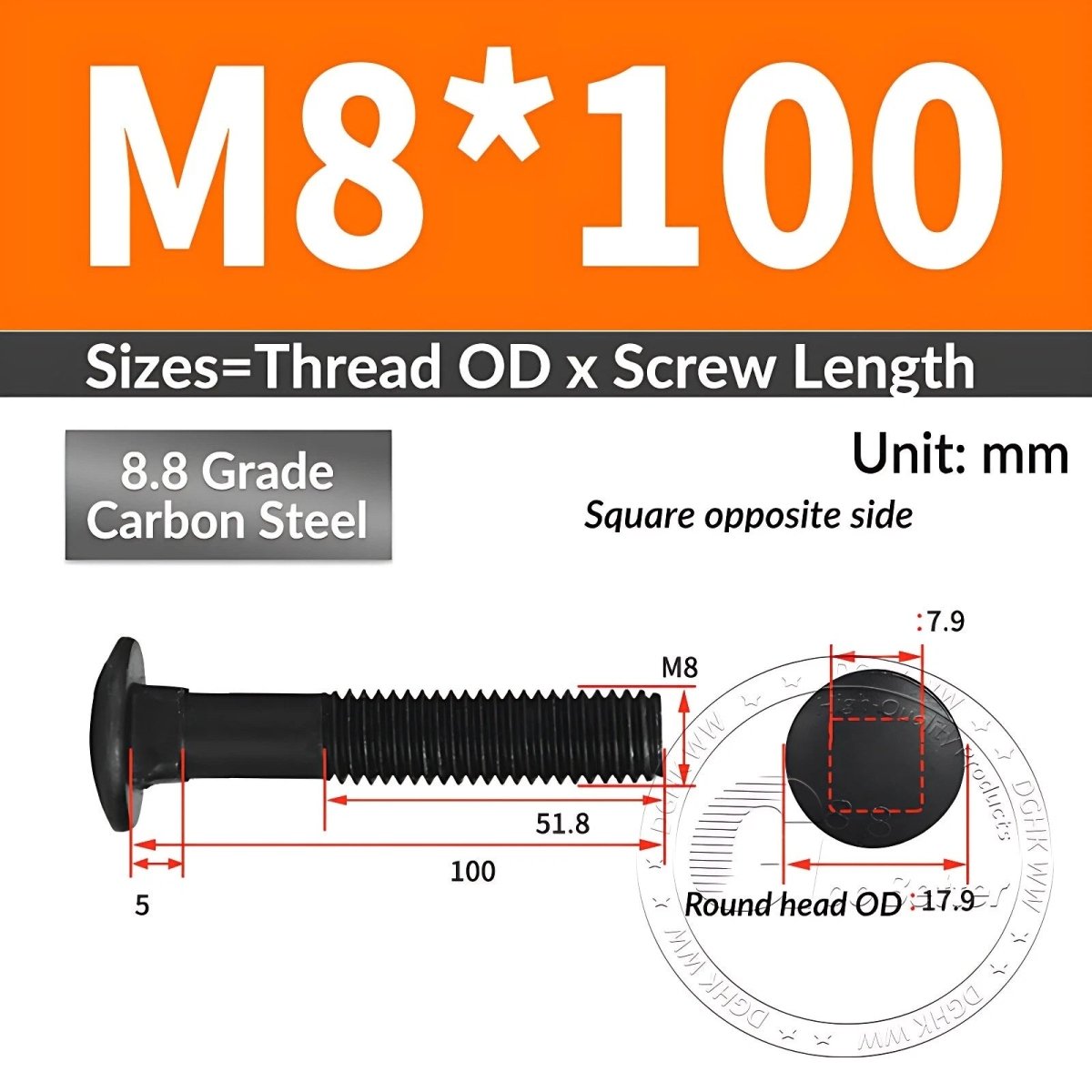 Black 8.8 Grade Steel Carriage Bolts | Cup Square Dome Head | M6–M24 - HomeDIYer