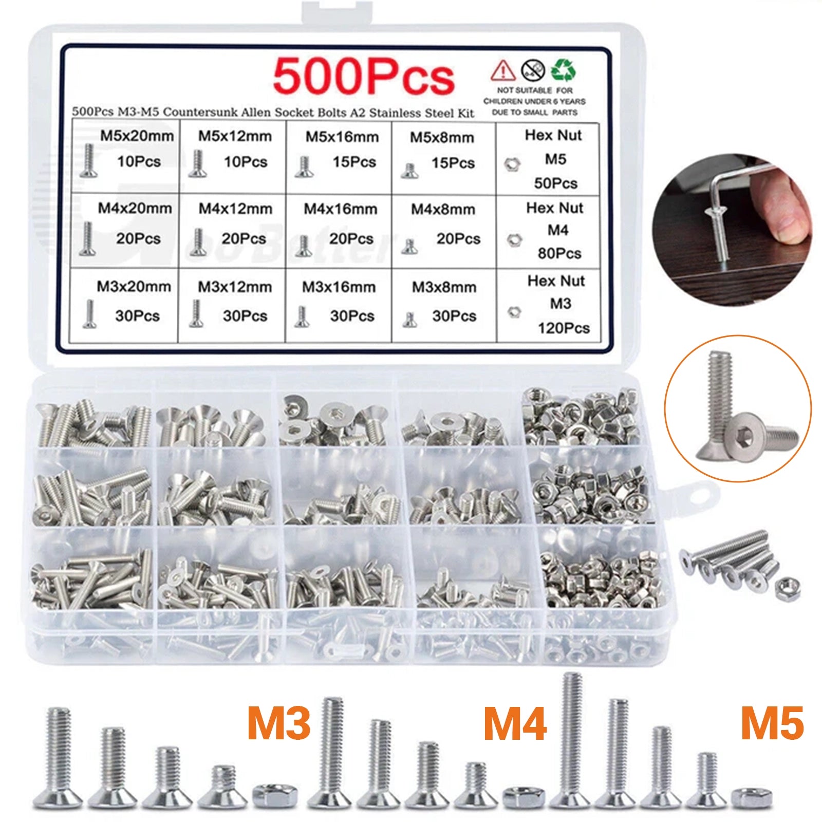 500x Hex Socket Bolts Countersunk Head Screws Nuts M3 - M5 Stainless Steel A2 Kit - HomeDIYer