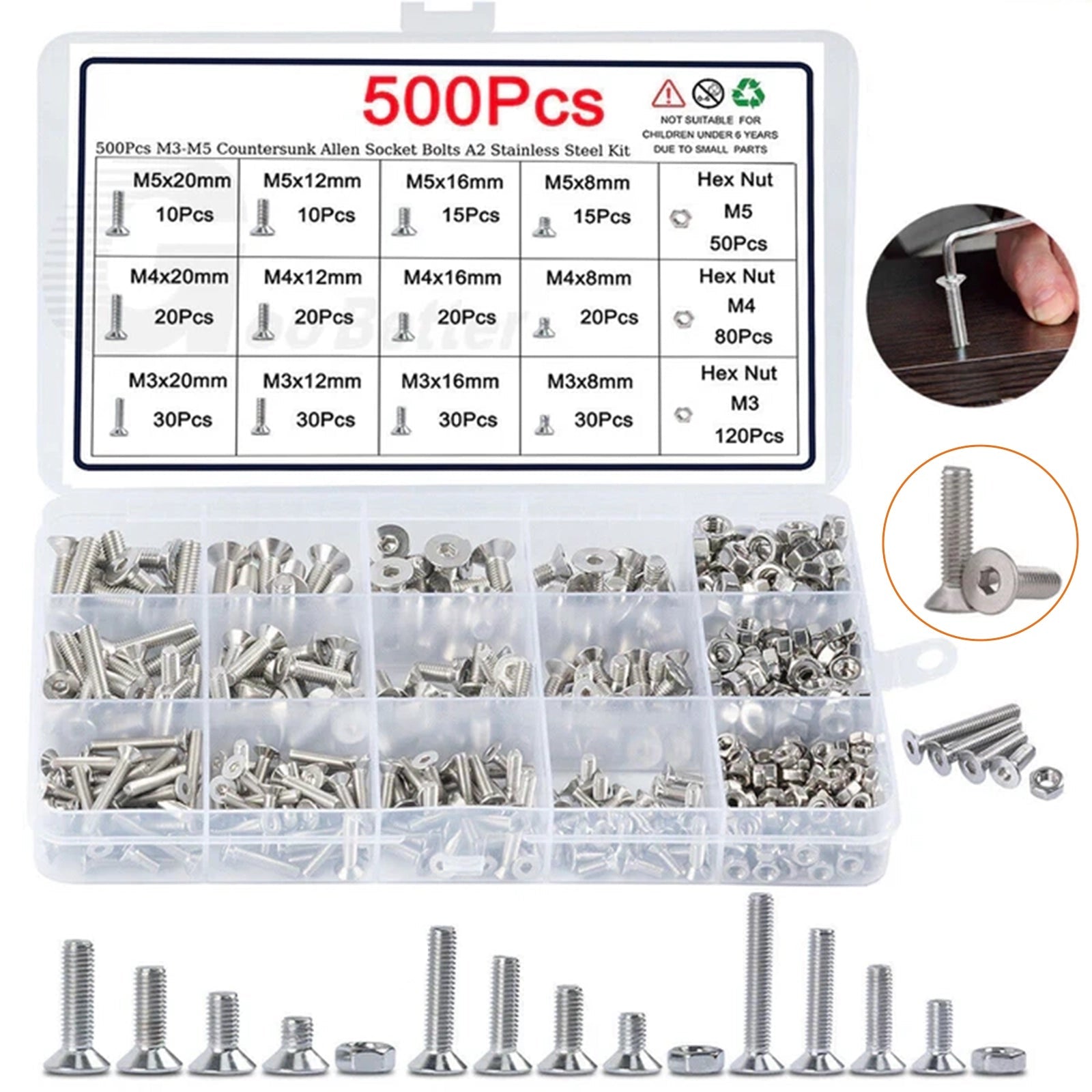 500x Hex Socket Bolts Countersunk Head Screws Nuts M3 - M5 Stainless Steel A2 Kit - HomeDIYer