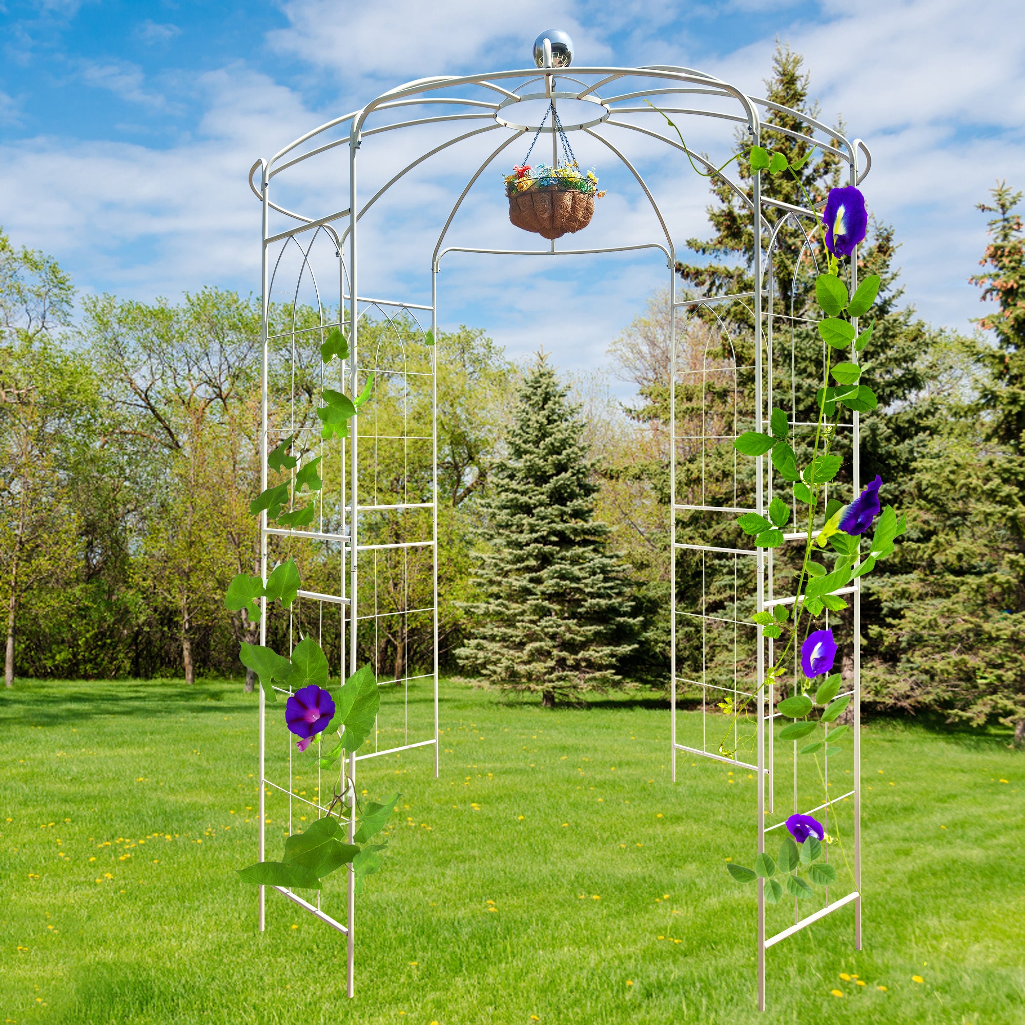 Metal Garden Arch Iron Garden Arbors Gazebo Dia 81.3'' x 114.2'' High Birdcage Shape Pergola Pavilion for Wedding Ceremony Cream White