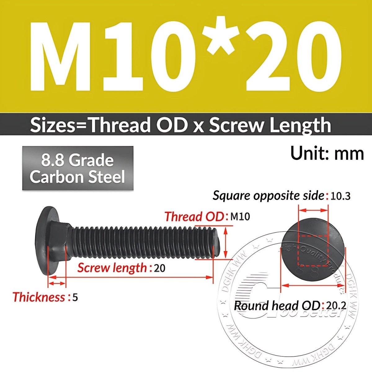 Black 8.8 Grade Steel Carriage Bolts | Cup Square Dome Head | M6–M24 - HomeDIYer