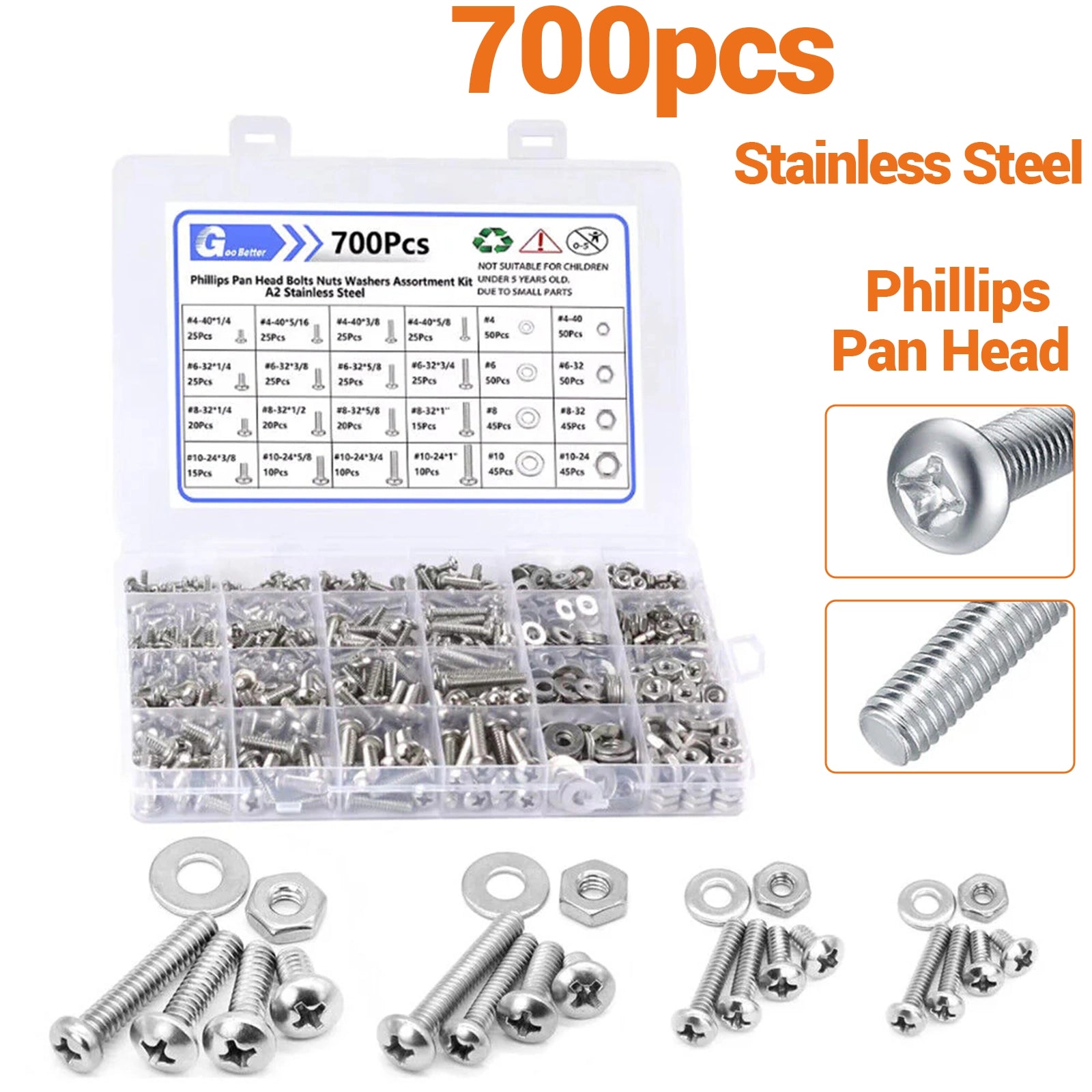 700Pcs Phillips Pan Head Machine Screw, Nuts Flats, Lock Washers Assortment Kit - HomeDIYer