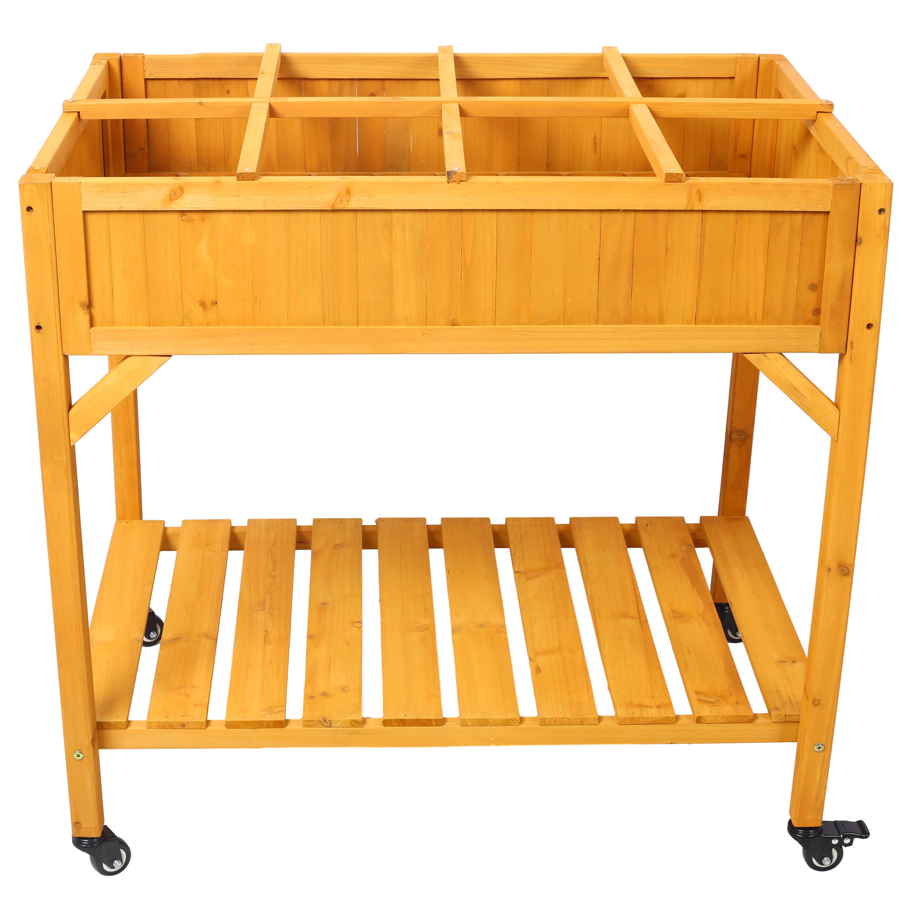 Elevated 8 Pocket Herb Garden Bed – Mobile Wood Planter with Lockable Wheels & Storage Shelf
