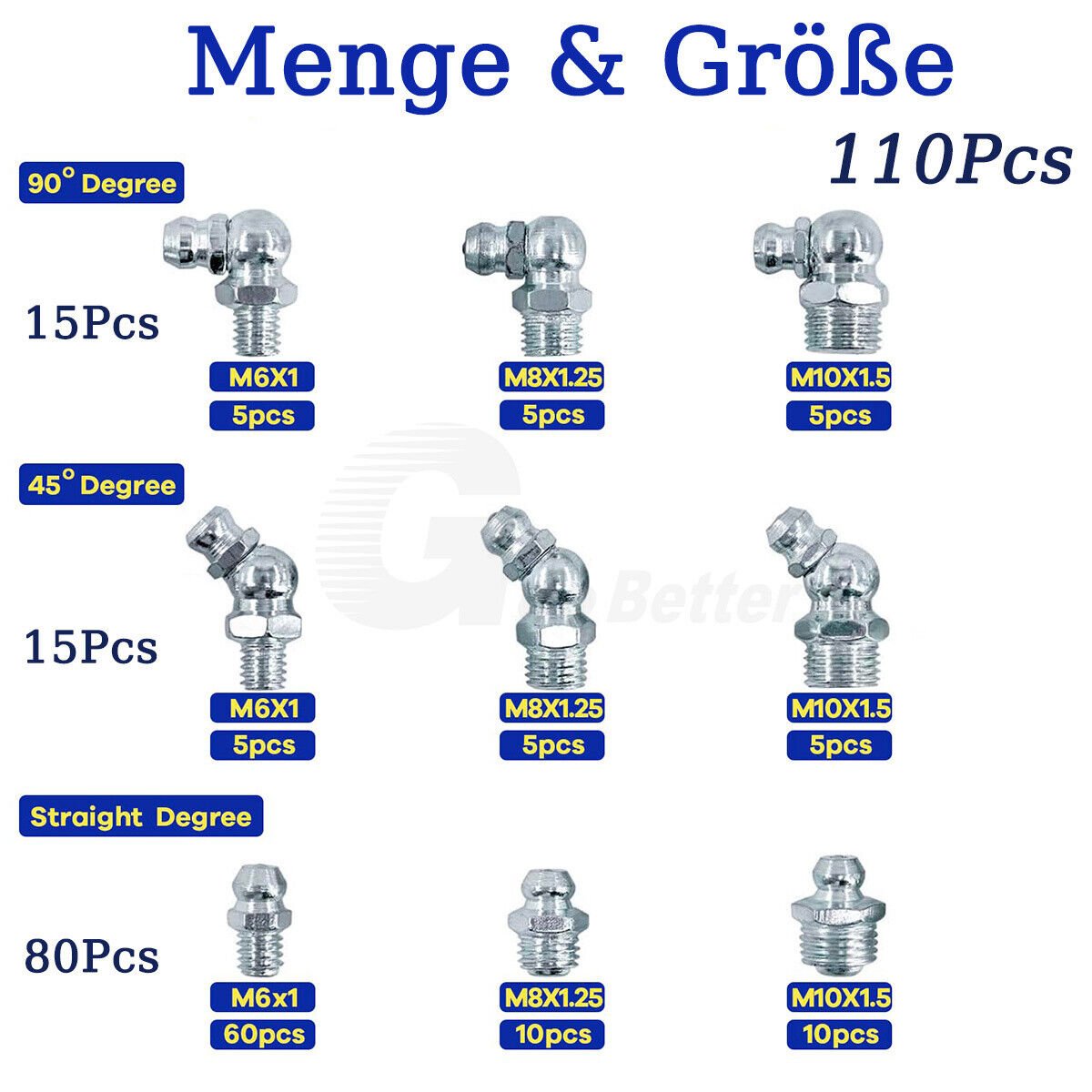110x Grease nipple assortment Tapered grease nipple Straight Degree 45° 90° M6 - M10 Set - HomeDIYer
