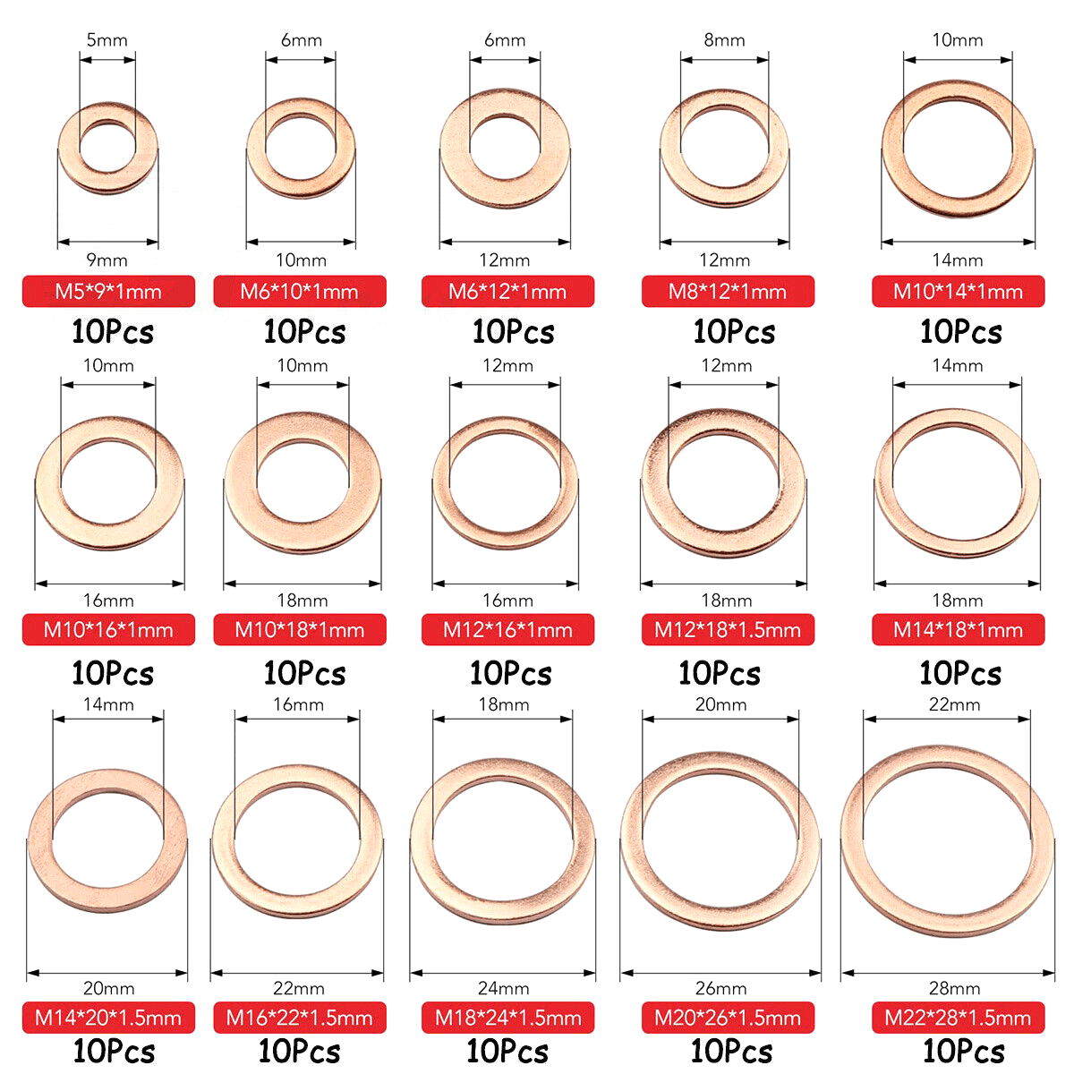 150Pcs M5 - M22 Copper Washer Fasteners Assortment Kit Oil Seal Gasket Industrial - HomeDIYer