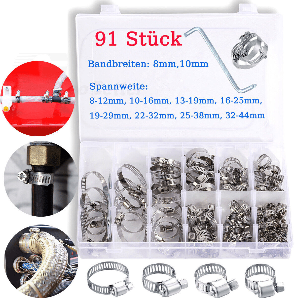 91pcs 304 Stainless Steel Hose Clamps Assorted Kit 8 Sizes 8mm - 44mm Adjustable Worm Gear Hose Clamp Clip for Water Pipe Plumbing - HomeDIYer