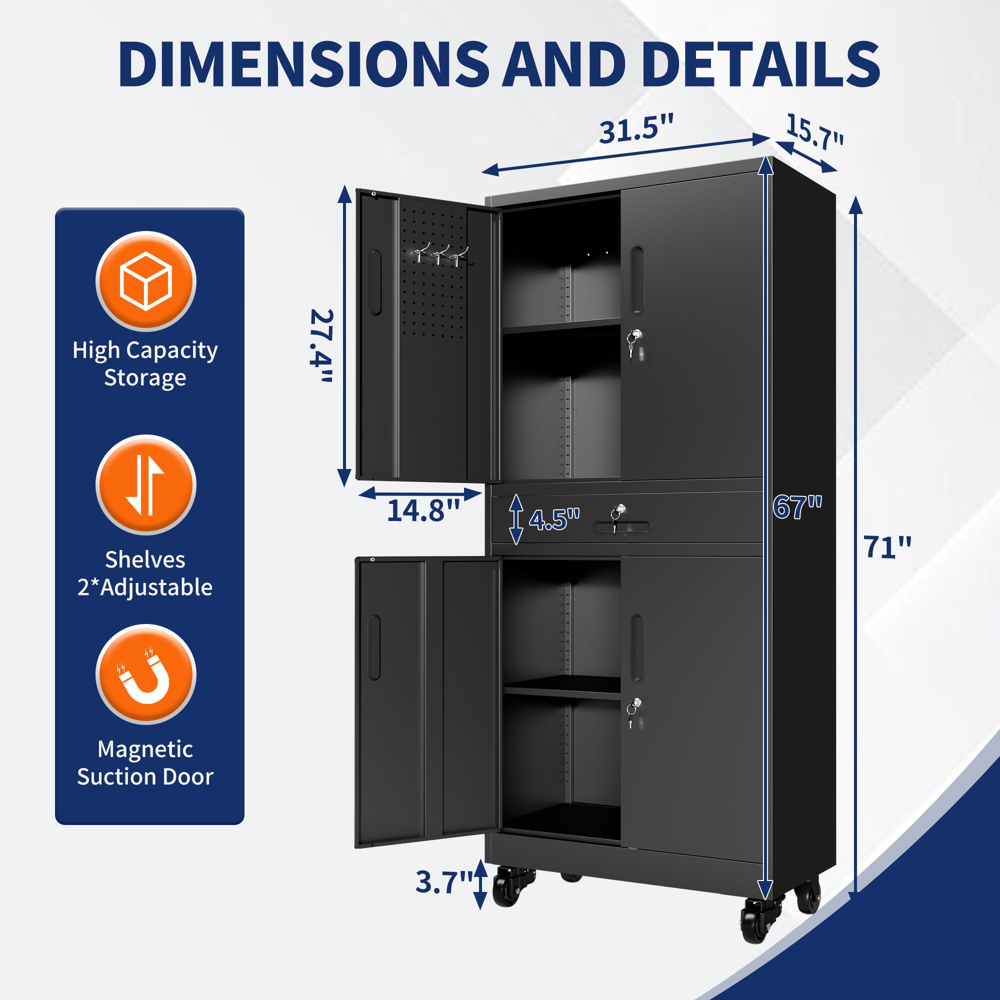 71" Metal Garage Storage Cabinet with Drawer, Pegboard Door, Locking Doors & Rolling Wheels, 720 lb Capacity