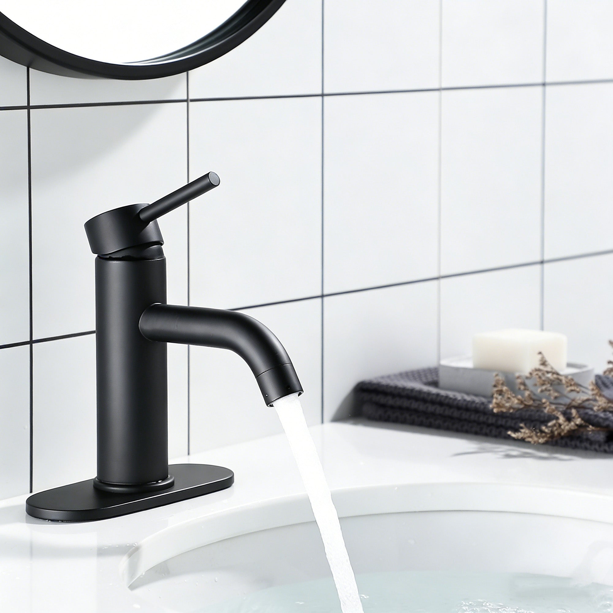 ADA Compliant Single Hole Bathroom Faucet - 6.57" High Stainless Steel Waterfall Faucet Matte Black