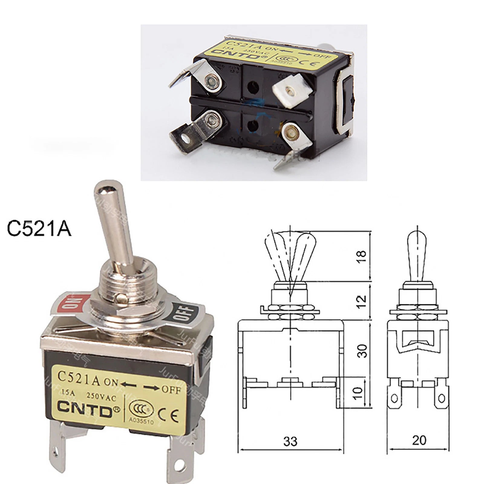C521A DPST Rocker Toggle Switch — ON-ON 4-Pin 2-Position 250V 15A Maintained