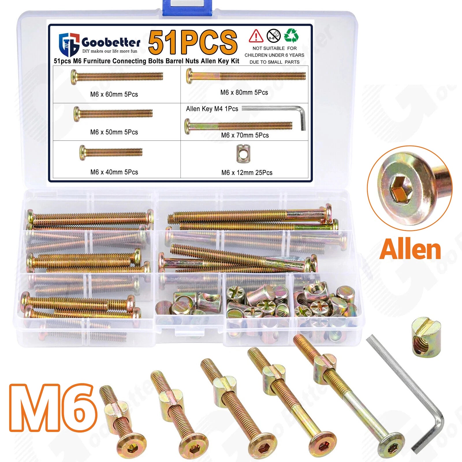 51Pcs M6 Beds Cot Flat Socket Furniture Bolts Screw, Barrel Nuts & Allen Key Kit - HomeDIYer