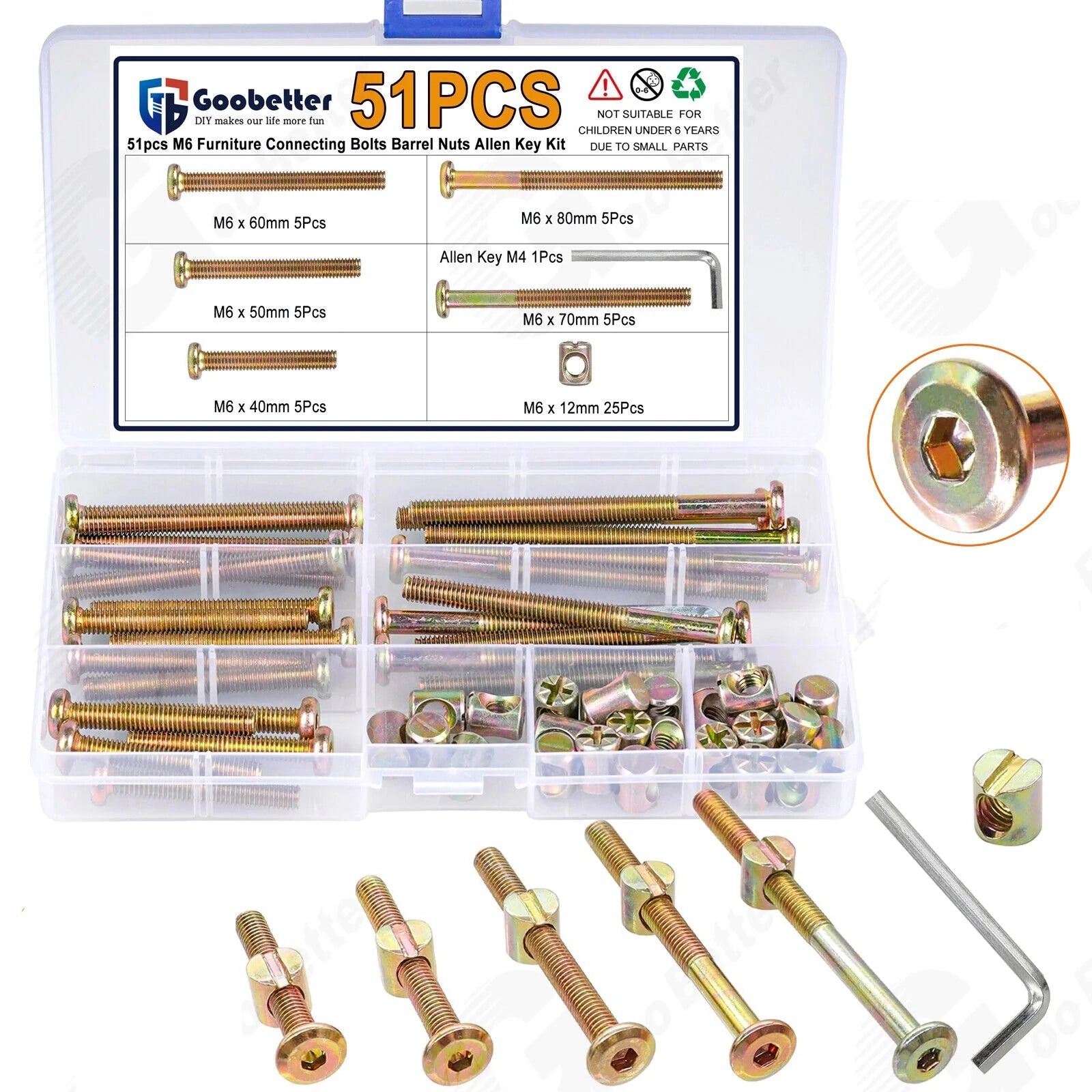 51Pcs M6 Beds Cot Flat Socket Furniture Bolts Screw, Barrel Nuts & Allen Key Kit - HomeDIYer