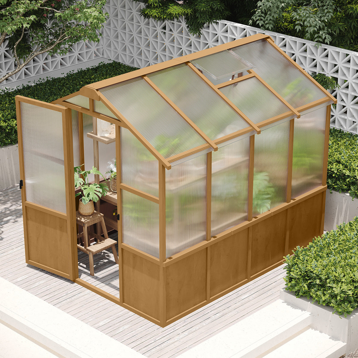 6ft x 8ft Solid Wooden Walk‑In Greenhouse — 6mm Polycarbonate Panels, Adjustable Roof Vents & Lockable Door Natural Wood