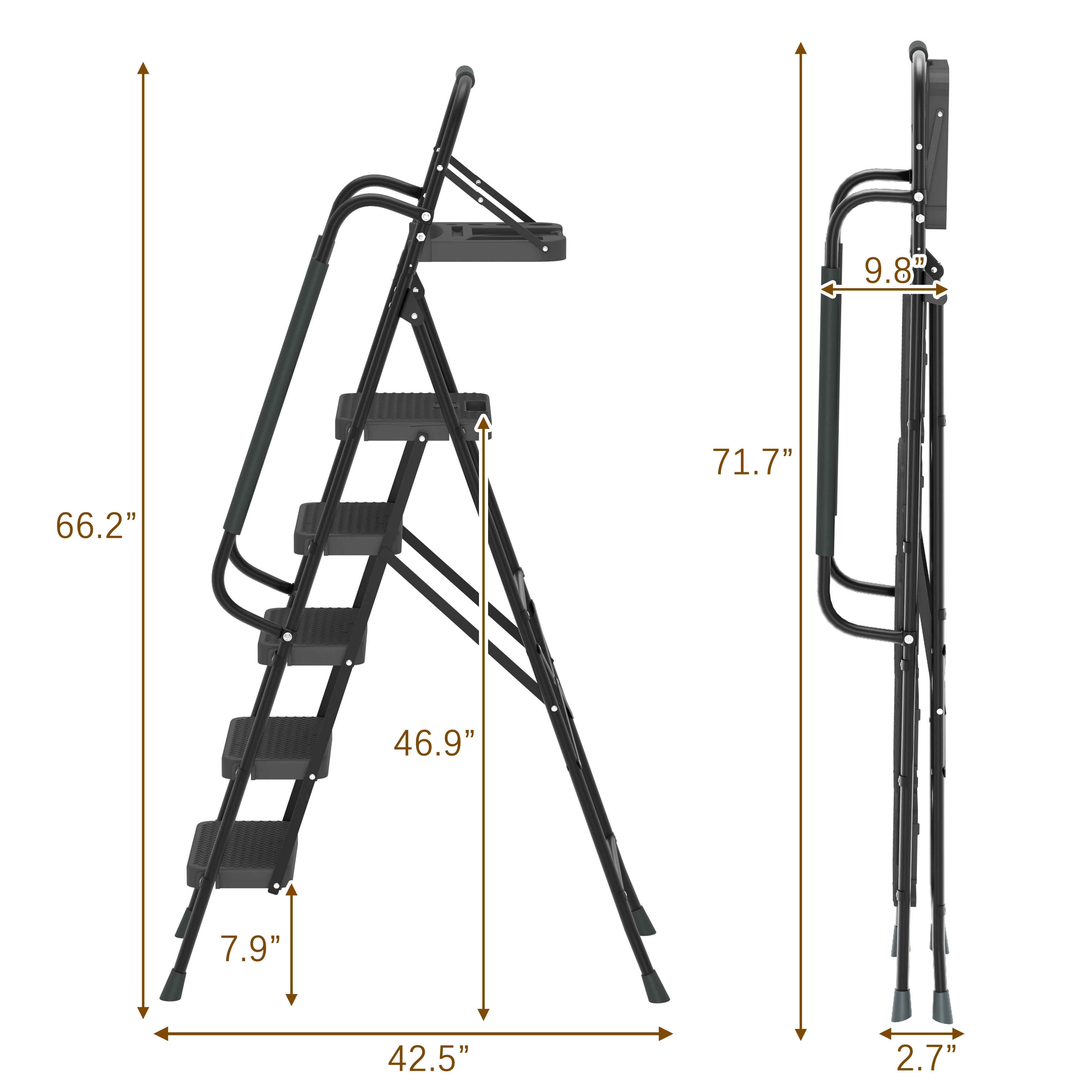5‑Step Folding Step Stool with Handrails & Tool Tray — 330 lb Capacity, Black Steel, Non‑Slip Pedals