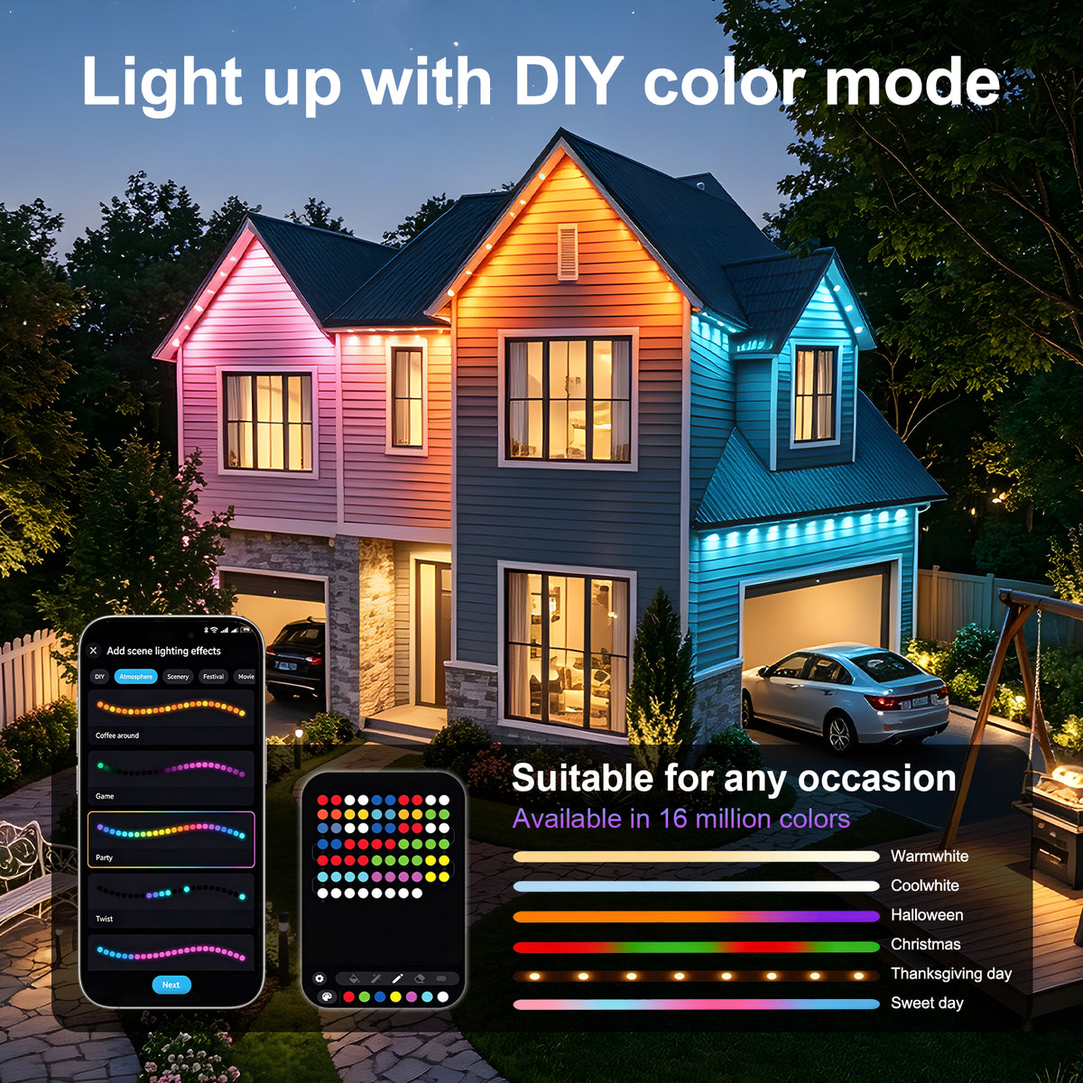 Permanent Outdoor Lights 50ft 30 LED RGB+IC for Eaves