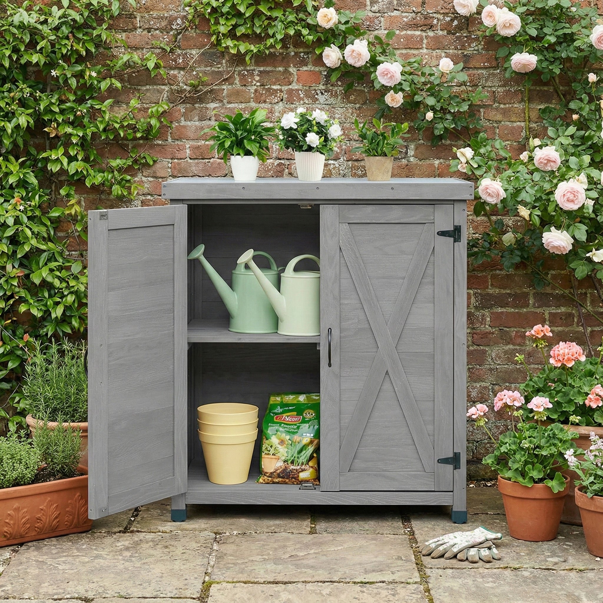 Potting Bench with Storage Cabinet – Outdoor Work Station with Metal Table Top & Zero Maintenance