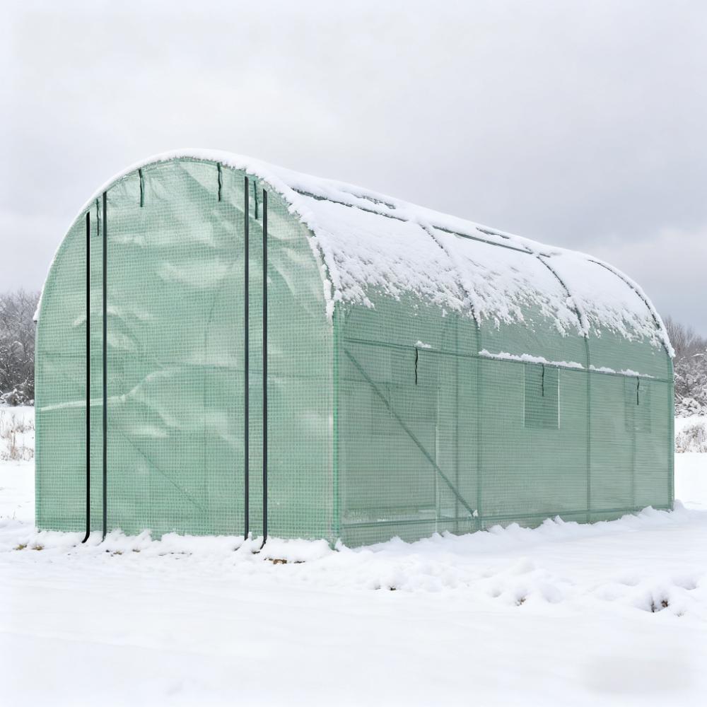 Walk‑In Tunnel Greenhouse with 2 Support Rods — Upgraded Galvanized Steel Frame Mesh Door & Windows Green