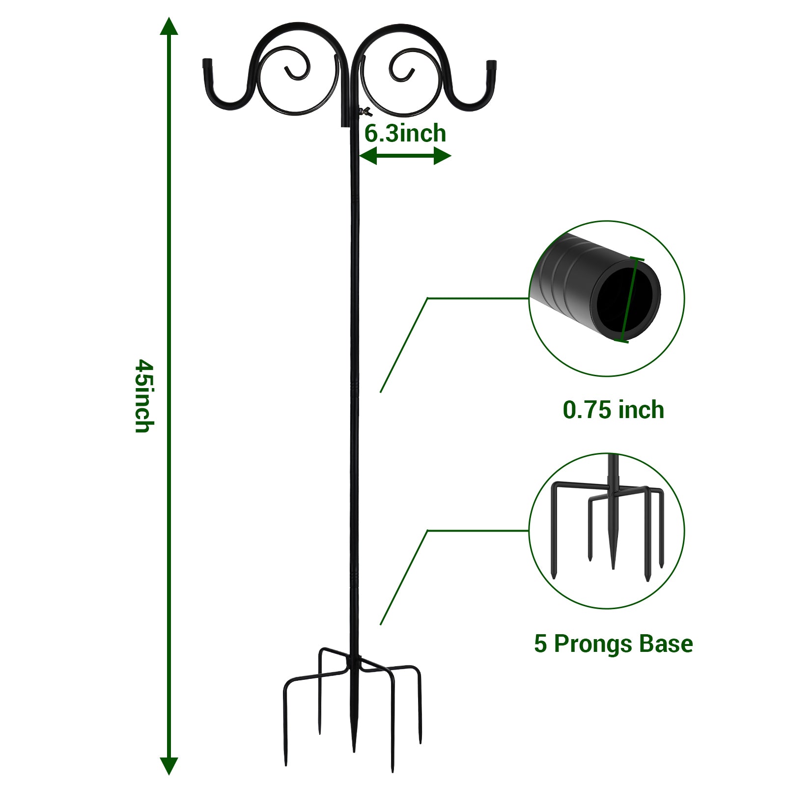 Double-Headed Shepherd's Hook with 5-Prong Base, Adjustable Height 45-92 inch