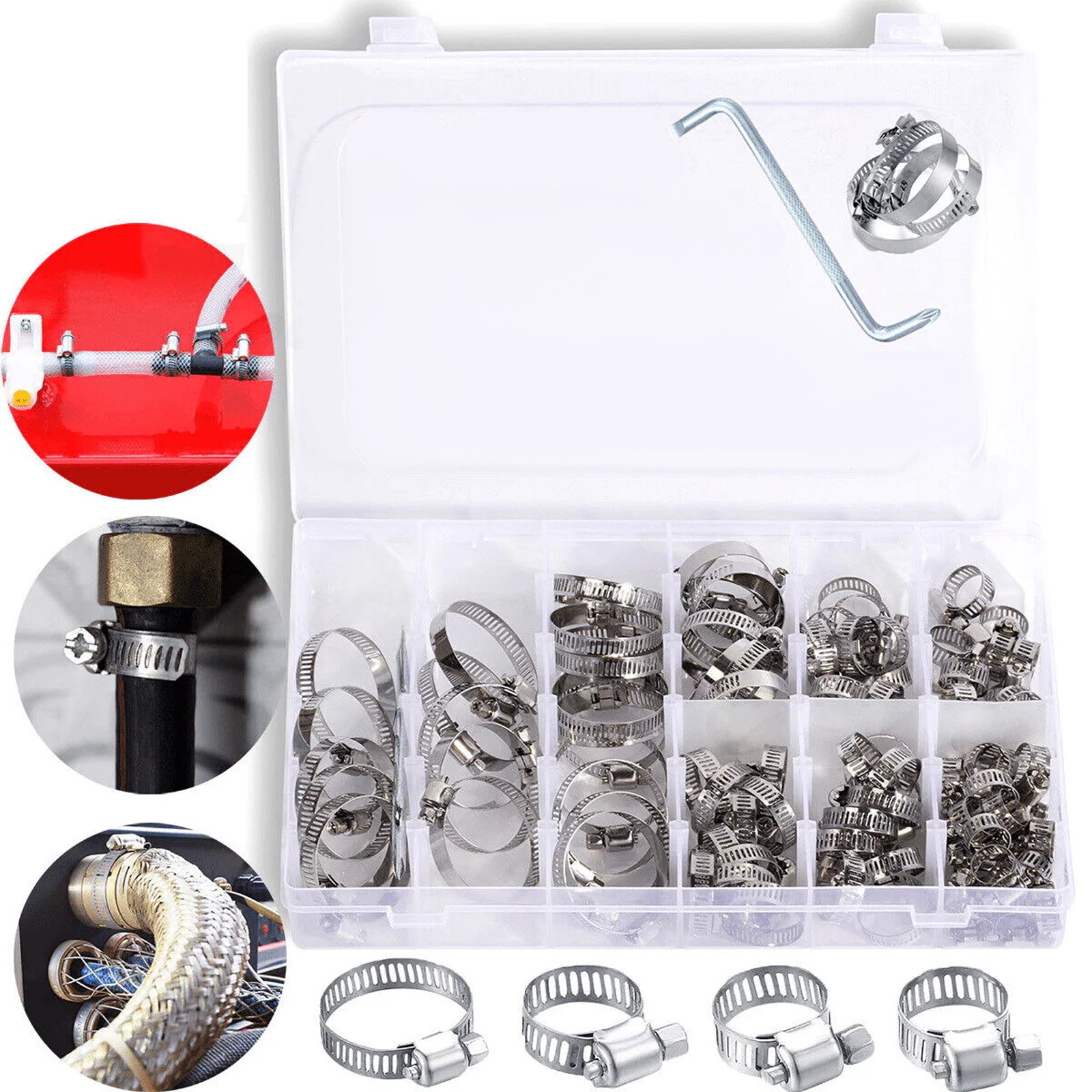 91-teiliges Schlauchschellen-Sortiment aus Edelstahl 304, 8 Größen, 8 mm – 44 mm, verstellbare Schlauchschellen mit Schneckengetriebe für Wasserrohrleitungen