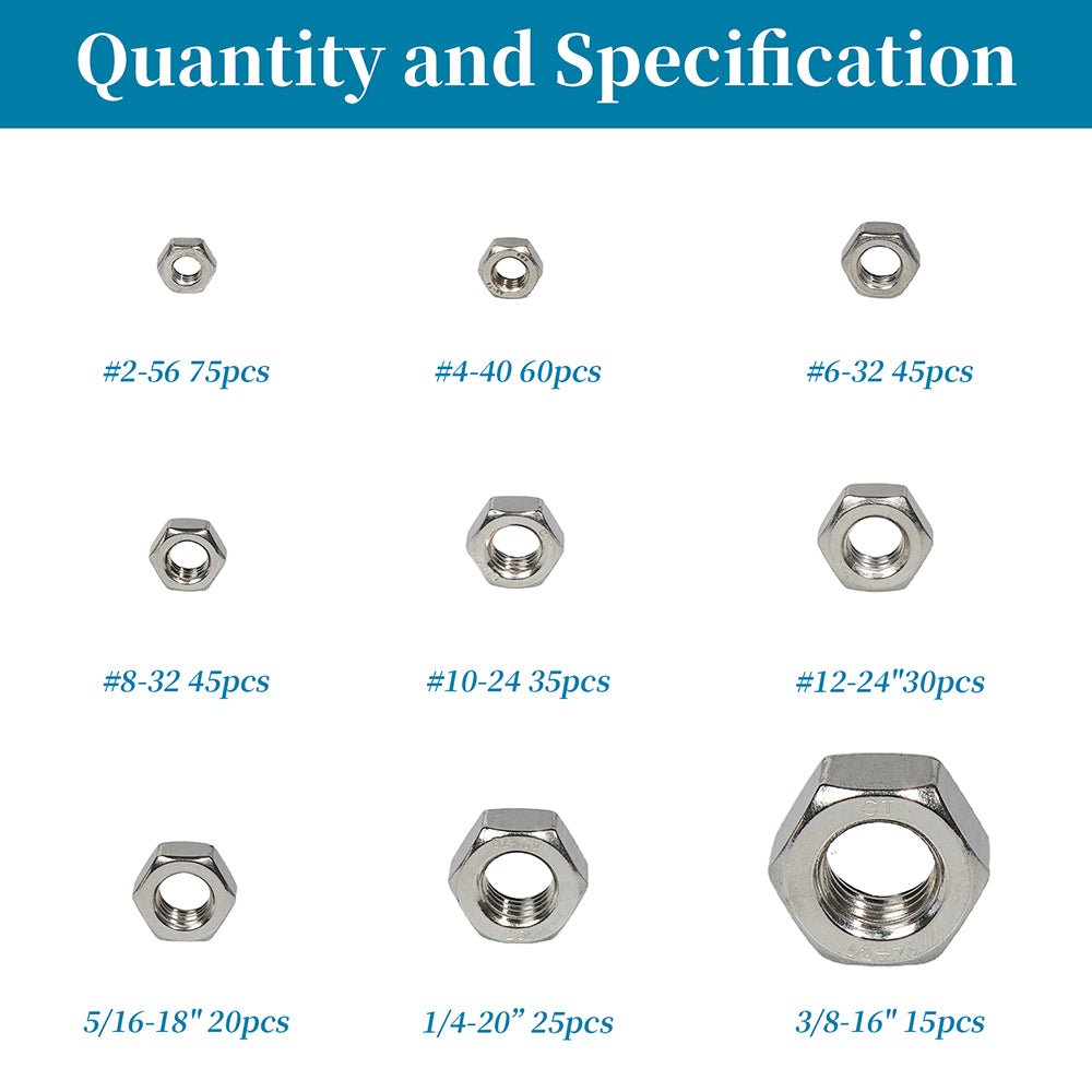 2 4 6 8 10 12 1/4 3/8 5/16 350Pcs 304 Stainless Steel Hex Nuts Assortment Set - HomeDIYer