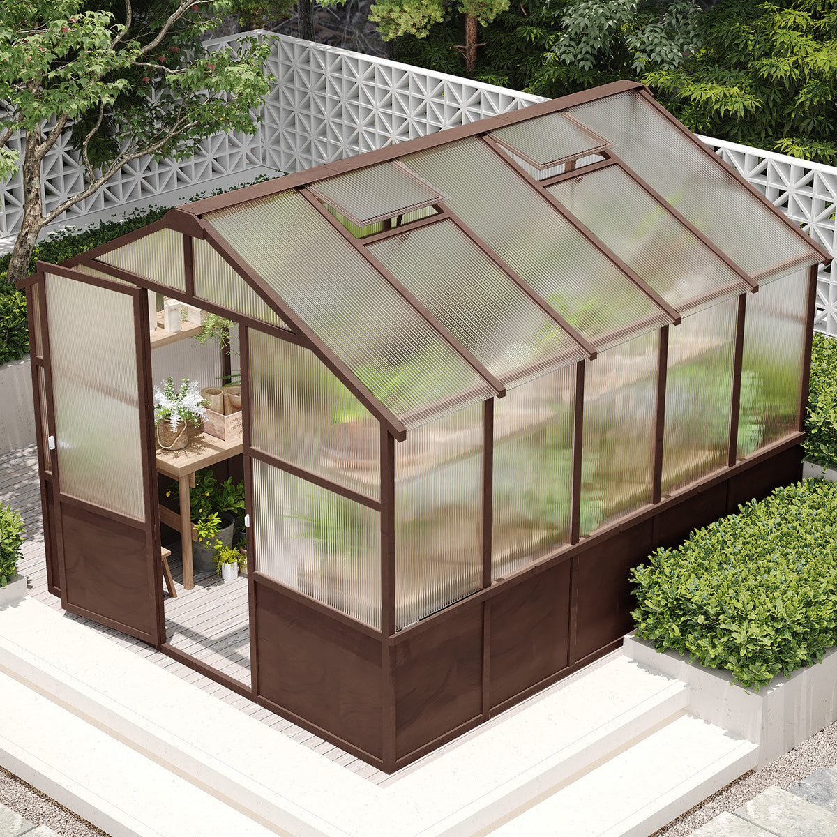 8ft x 10ft Cedar Wood Walk‑In Greenhouse — 6mm Polycarbonate Panels Adjustable Vent & Lockable Door Dark Coffee