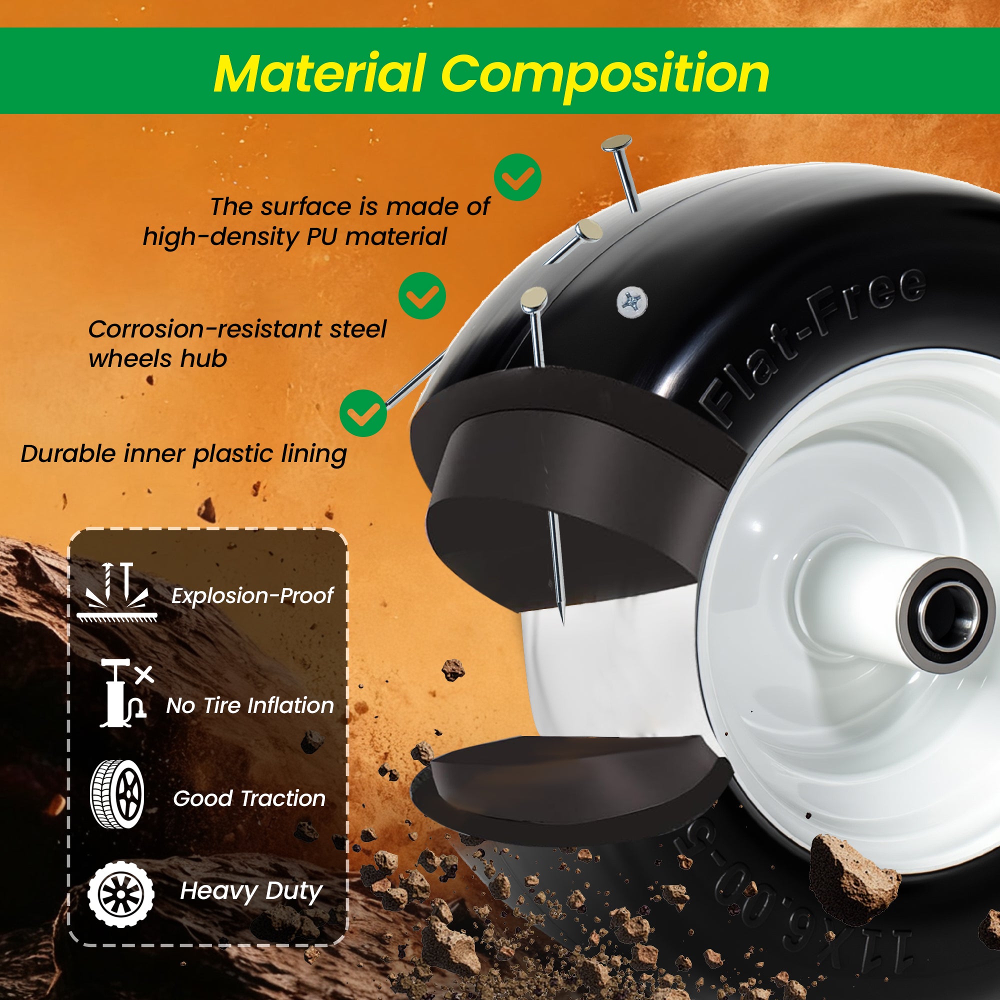 (Set of 2) 11x6.00-5 Solid Tire and Wheel – Smooth Tread, 3/4" Bearing, 5.8" Hub, for Zero Turn Mowers & Carts